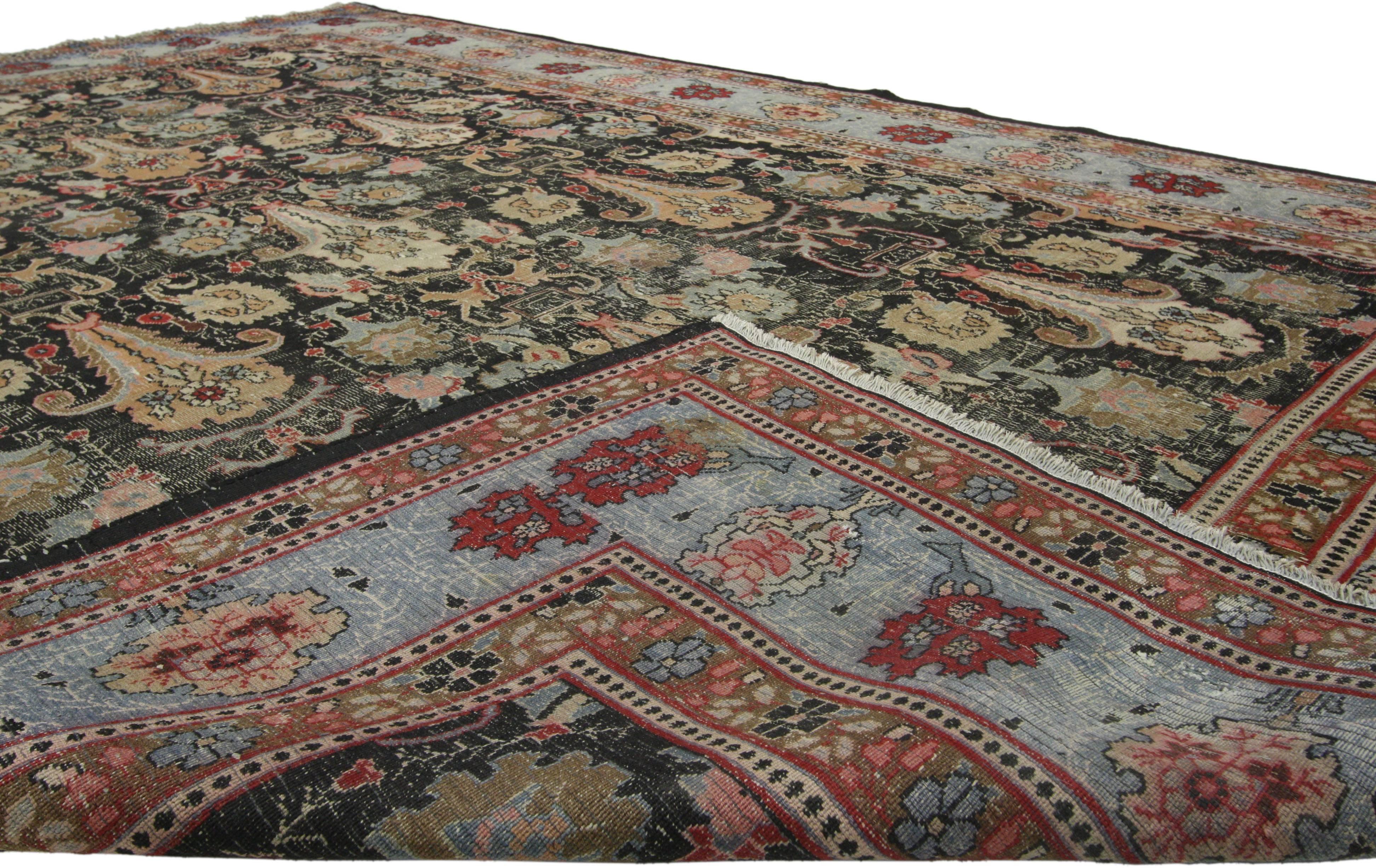 Wool Distressed Antique Persian Khorassan Rug with Rustic American Colonial Style For Sale