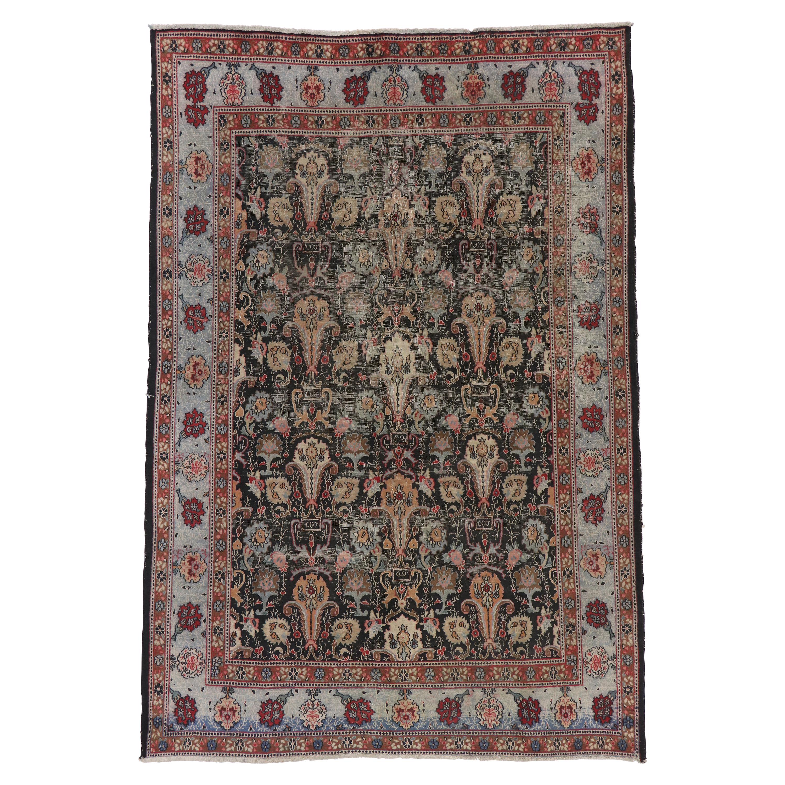 Distressed Antique Persian Khorassan Rug with Rustic American Colonial Style For Sale