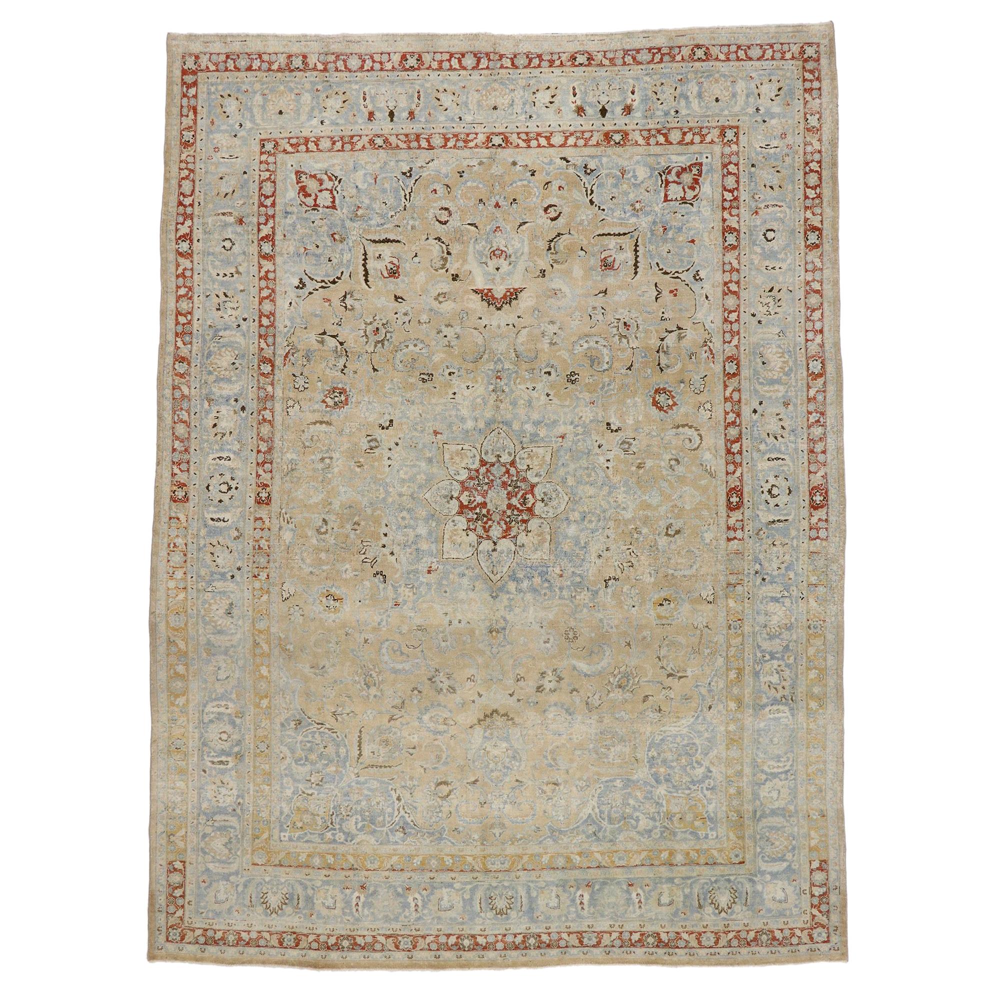 Distressed Antique Persian Khorassan Rug with Rustic Cotswold Cottage Style