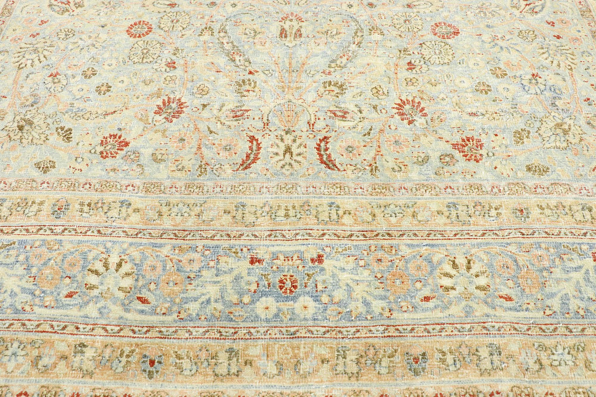 Distressed Antique Persian Khorassan Rug with Rustic English Manor Style In Distressed Condition For Sale In Dallas, TX