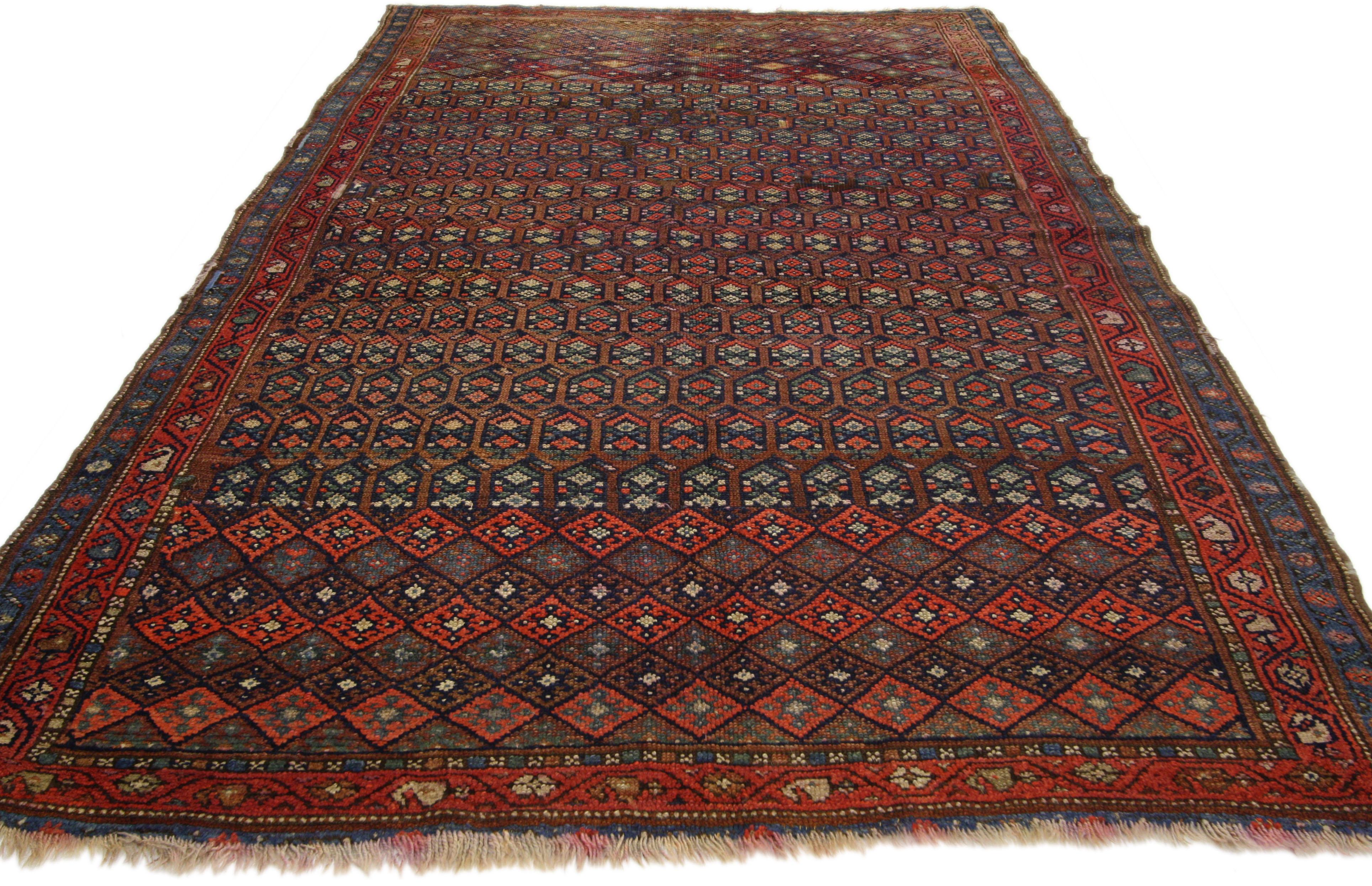 Rustic Distressed Antique Persian Kurd Rug with Adirondack Lodge Style For Sale