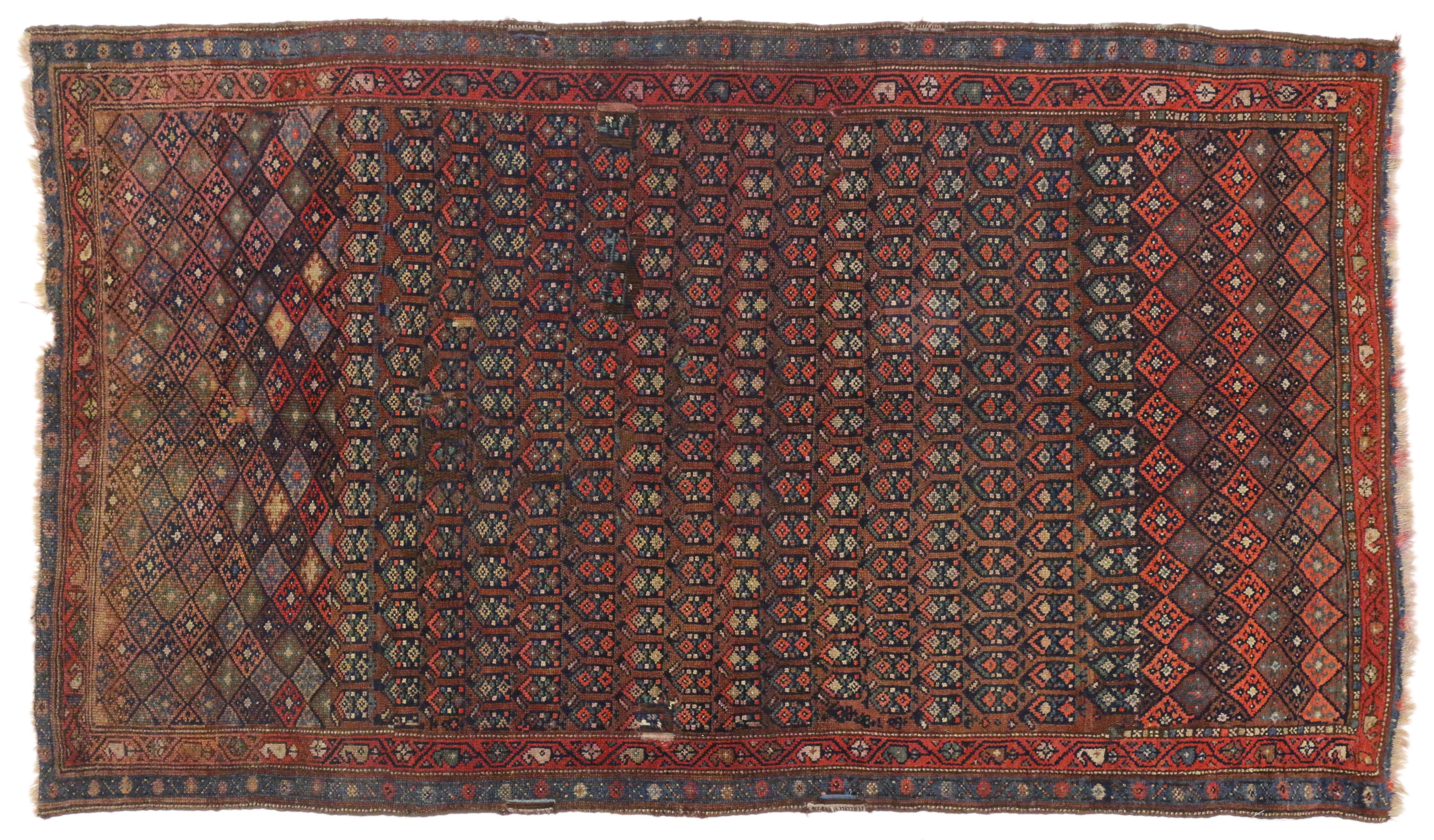 Distressed Antique Persian Kurd Rug with Adirondack Lodge Style In Distressed Condition For Sale In Dallas, TX