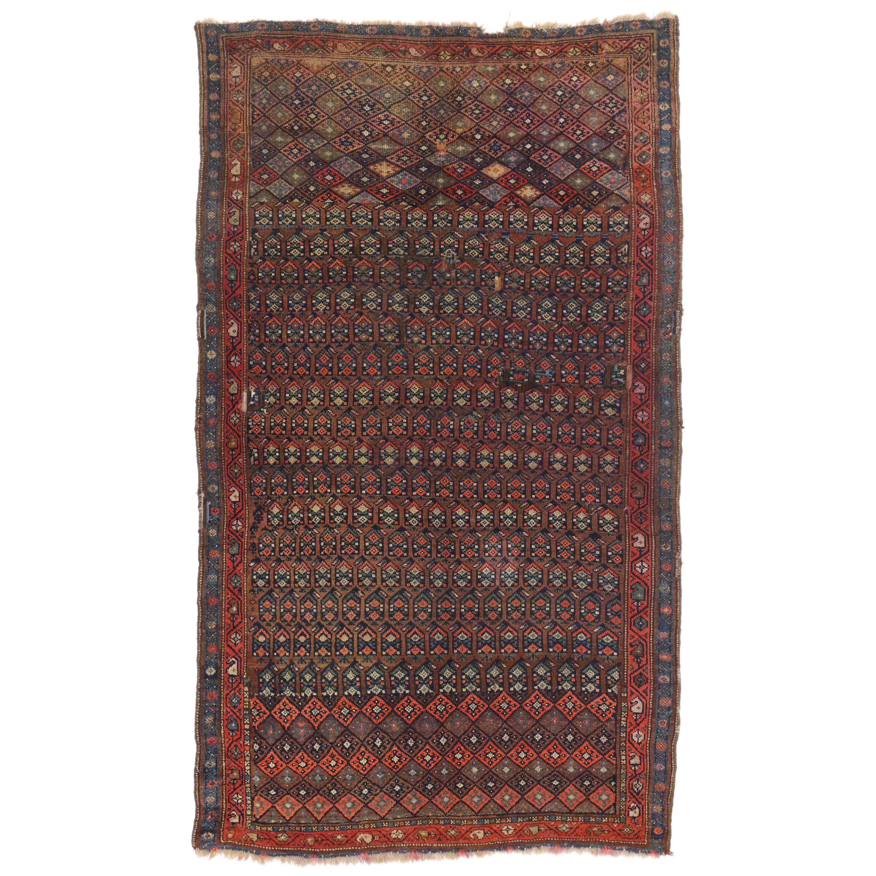 Distressed Antique Persian Kurd Rug with Adirondack Lodge Style For Sale