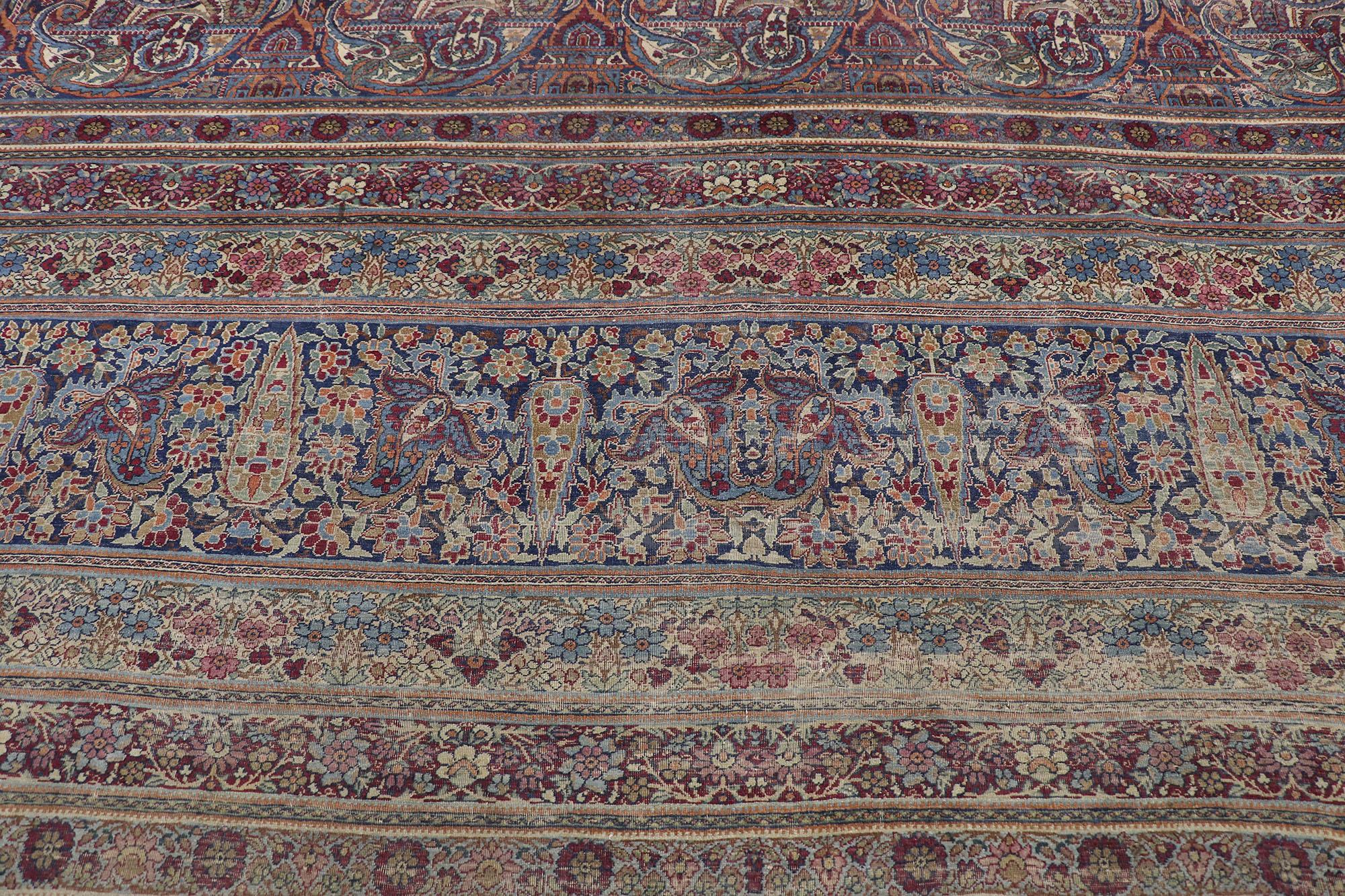Kirman Antique-Worn Persian Lavar Kerman Rug, Victorian Charm Meets Rustic Sensibility For Sale
