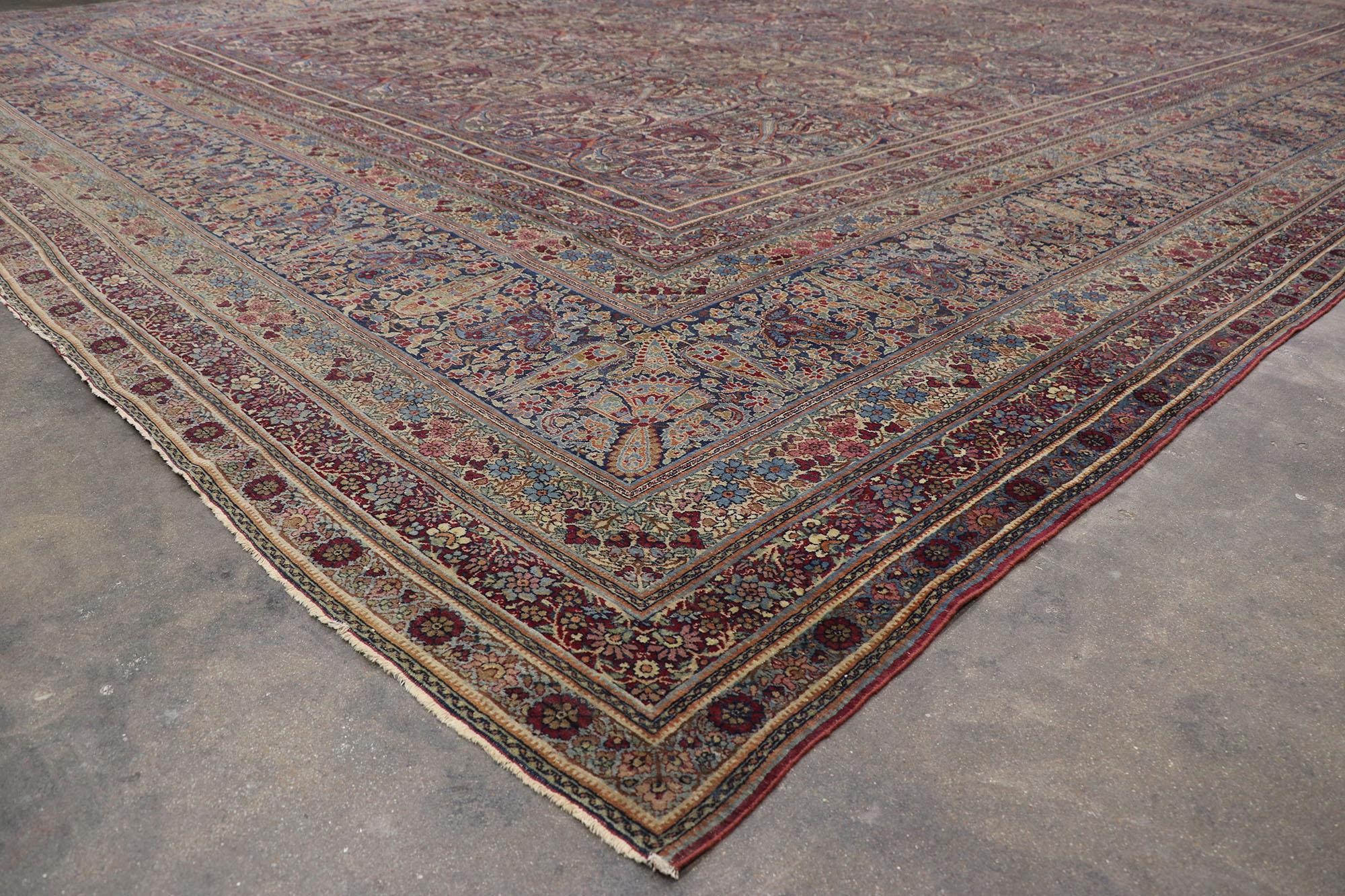 Antique-Worn Persian Lavar Kerman Rug, Victorian Charm Meets Rustic Sensibility In Distressed Condition For Sale In Dallas, TX