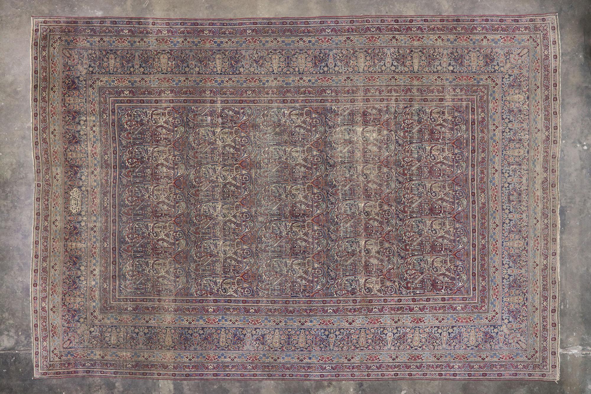 Wool Antique-Worn Persian Lavar Kerman Rug, Victorian Charm Meets Rustic Sensibility For Sale
