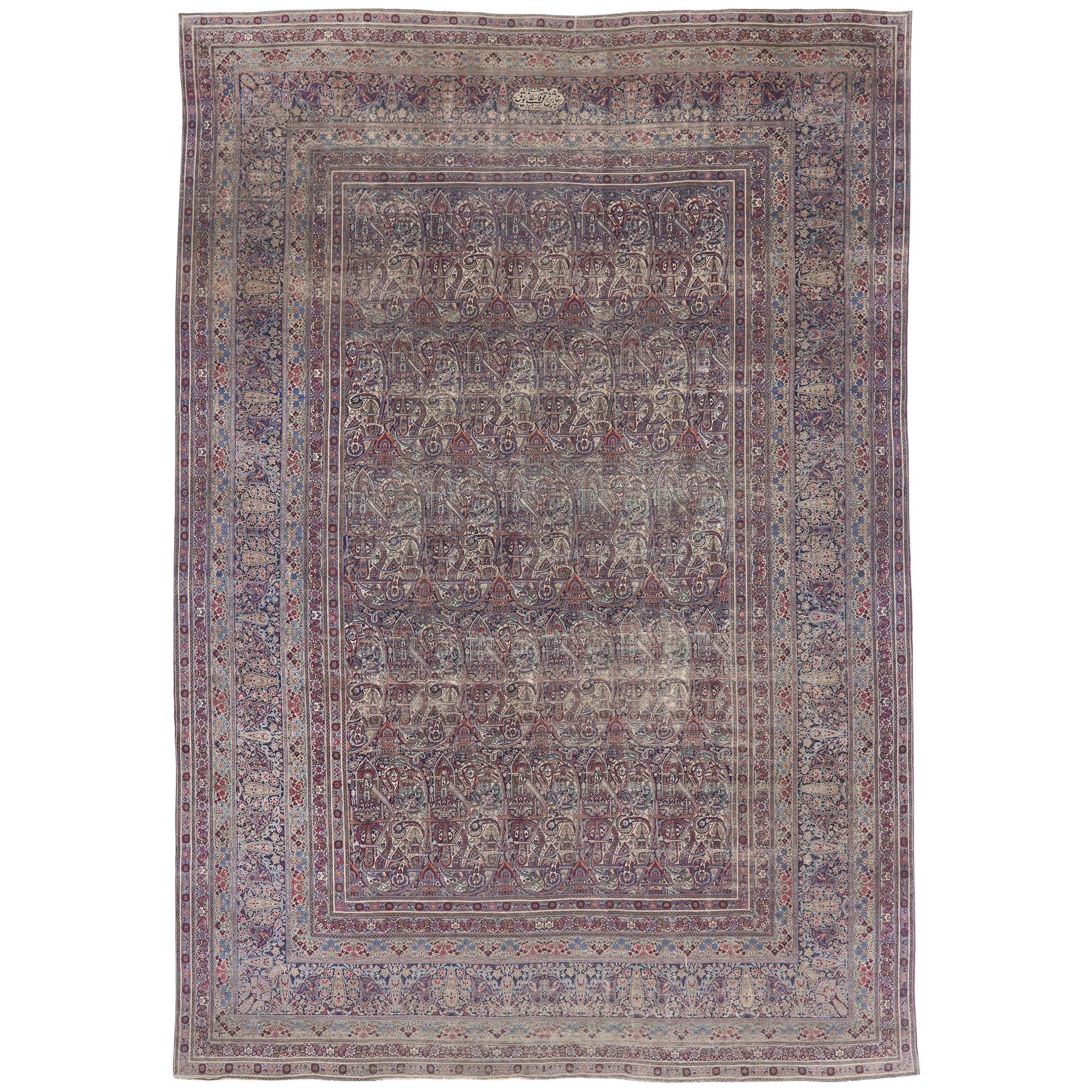 Antique-Worn Persian Lavar Kerman Rug, Victorian Charm Meets Rustic Sensibility