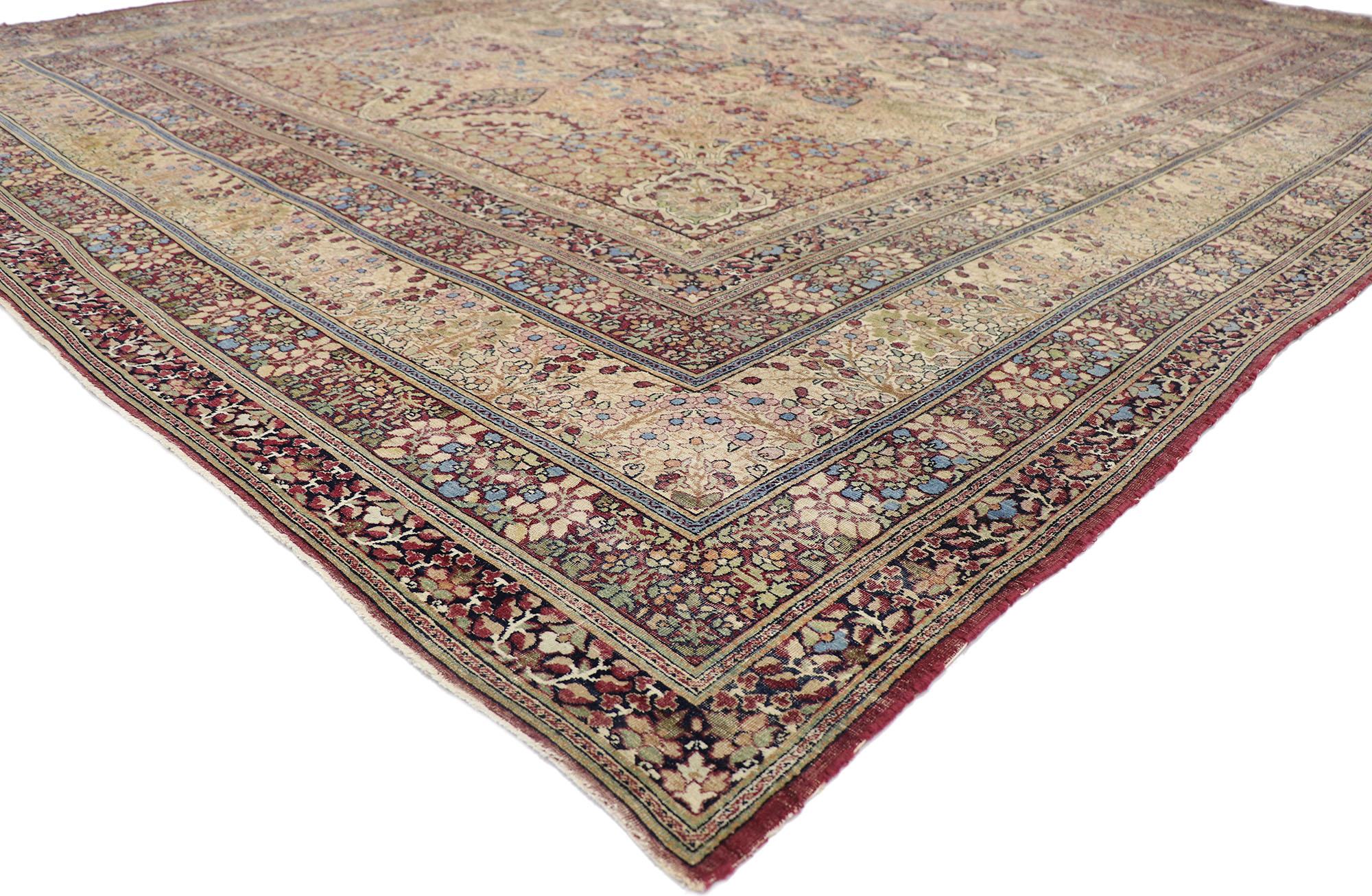 78080 distressed antique Persian Lavar Kermanshah rug 10'03 x 13'00. With its perfectly worn-in charm and rustic sensibility, this hand-knotted wool distressed antique Persian Lavar Kermanshah rug will take on a curated lived-in look that feels