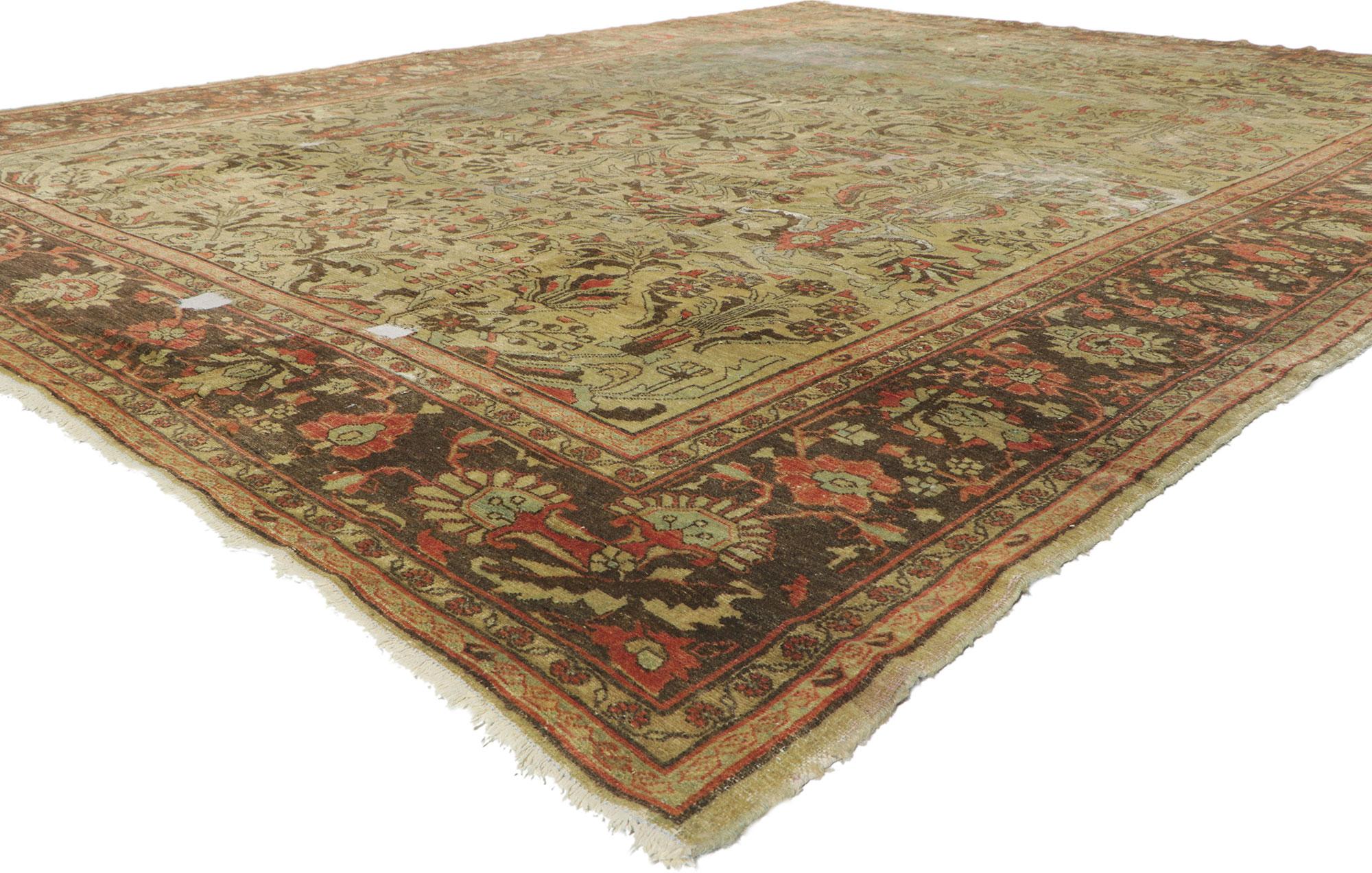 72824, distressed antique Persian Lilihan rug with modern English Chintz Rustic style. Balancing a timeless floral design with traditional sensibility and a lovingly timeworn patina, this hand knotted wool distressed antique Persian Lilihan rug