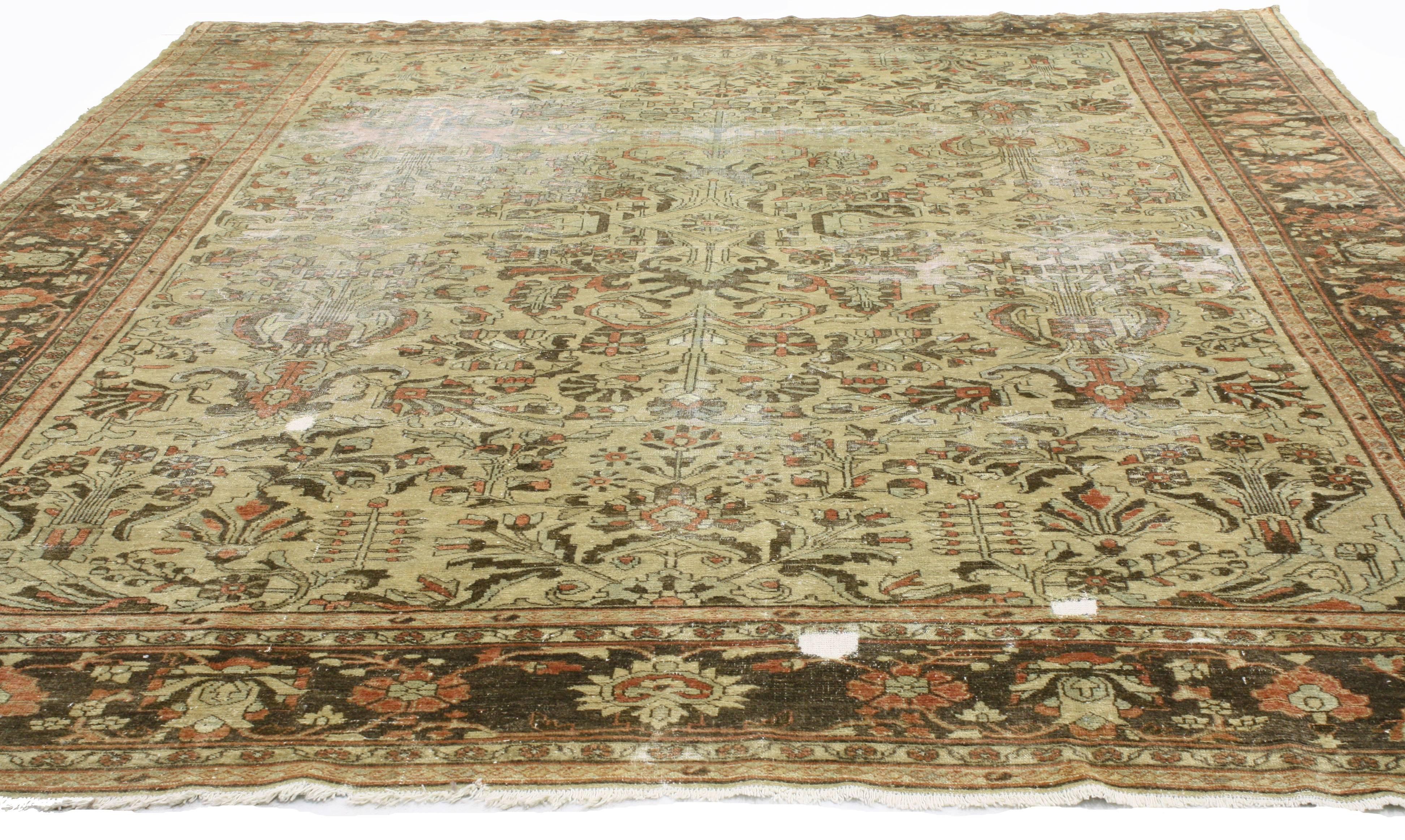 Hand-Knotted Distressed Antique Persian Lilihan Rug with Modern English Chintz Rustic Style For Sale