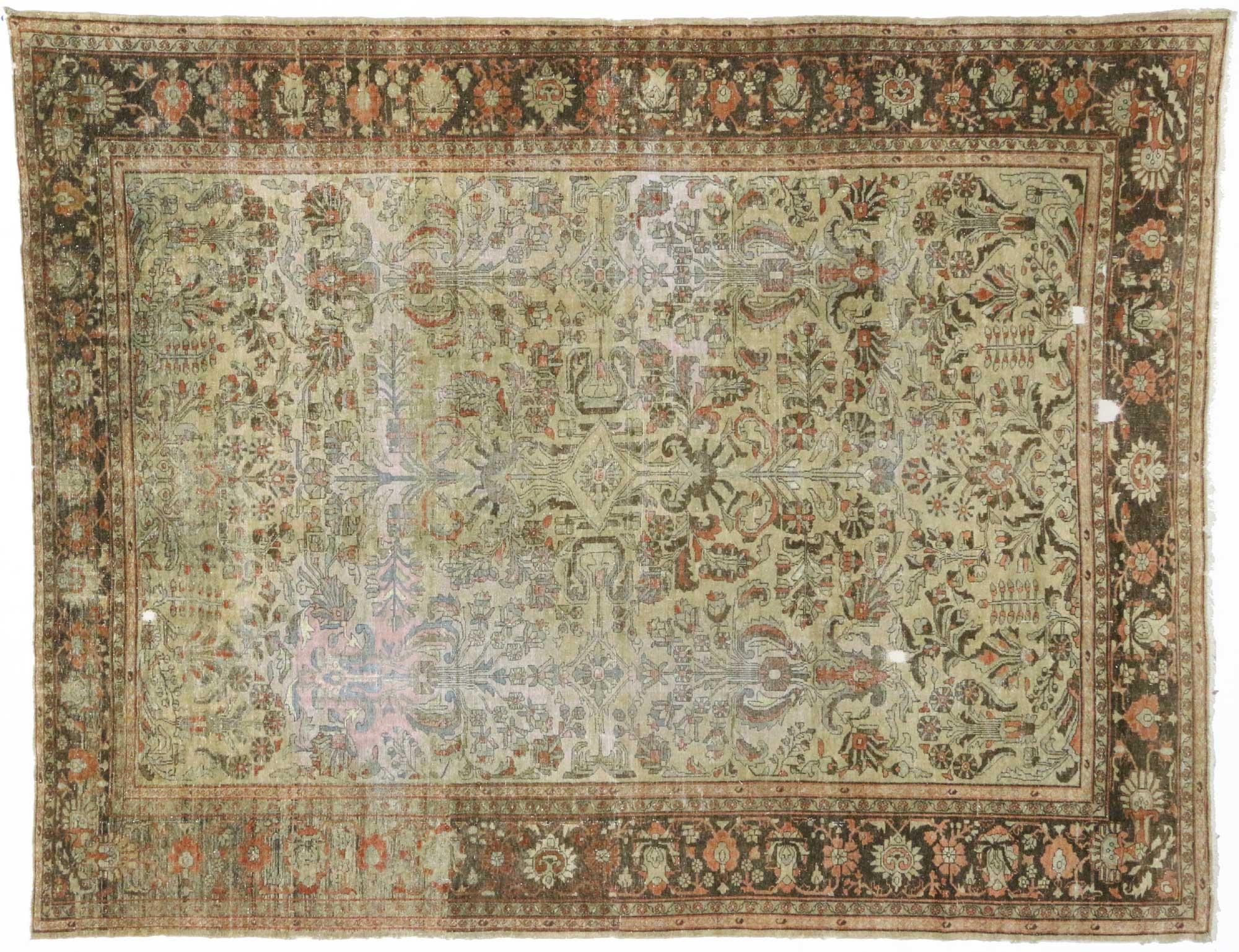 Distressed Antique Persian Lilihan Rug with Modern English Chintz Rustic Style In Distressed Condition For Sale In Dallas, TX