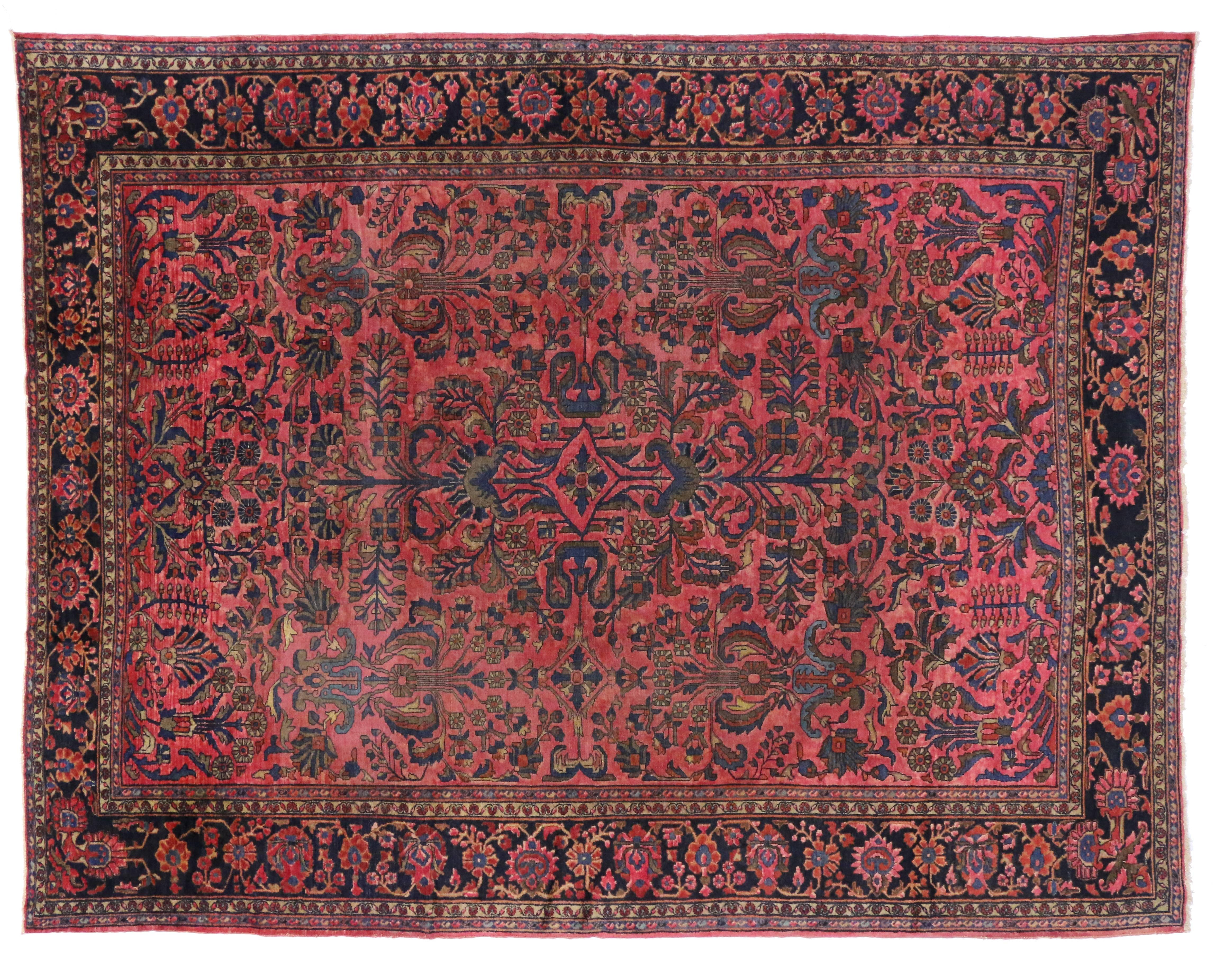 19th Century Distressed Antique Persian Lilihan Rug with Modern English Chintz Rustic Style For Sale