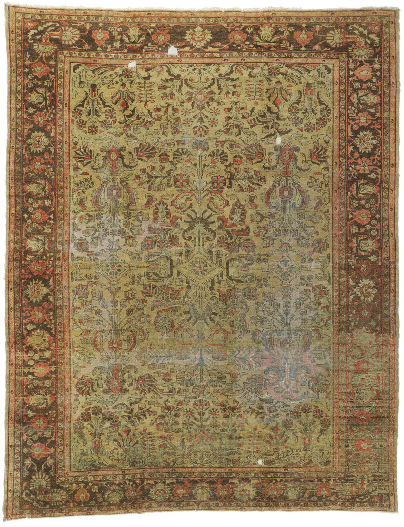 Wool Late 19th Century Distressed Antique Persian Lilihan Carpet Traditional Style For Sale