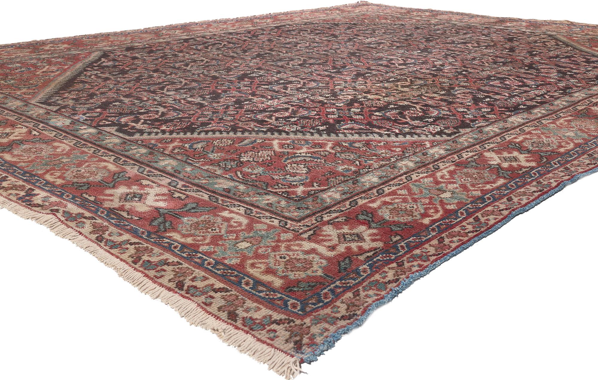 74576, Distressed Antique Persian Mahal Area Rug with Modern Rustic English Style 09'01 x 12'00.  With a timeless design and nostalgic charm, this hand knotted wool distressed antique Persian Mahal rug can beautifully blend modern, contemporary and