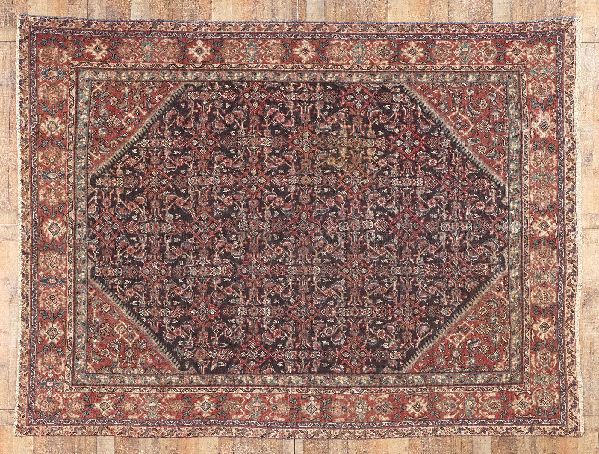 Wool Antique-Worn Persian Mahal Rug, Traditional Sensibility Meets Rustic Charm For Sale
