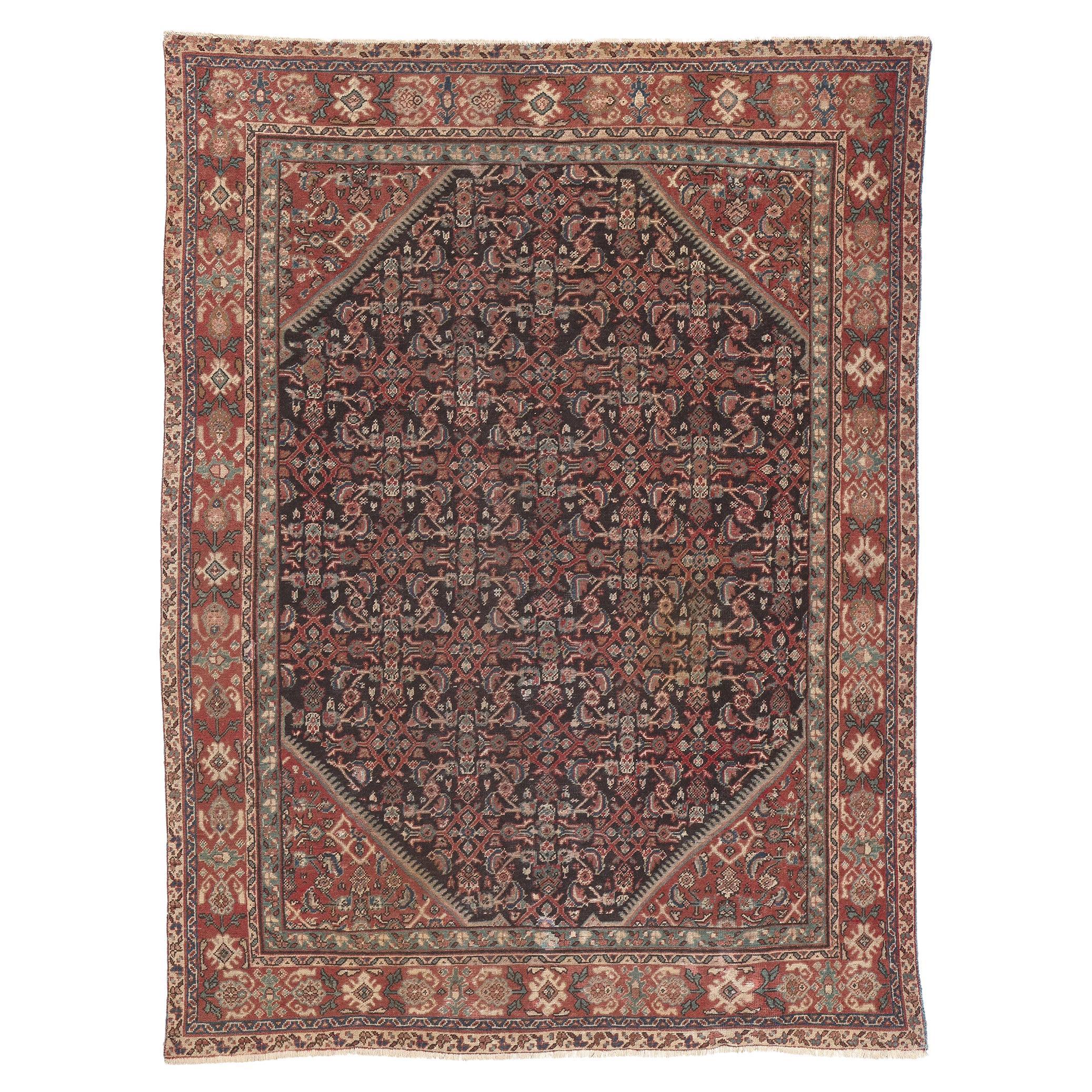 Antique-Worn Persian Mahal Rug, Traditional Sensibility Meets Rustic Charm For Sale