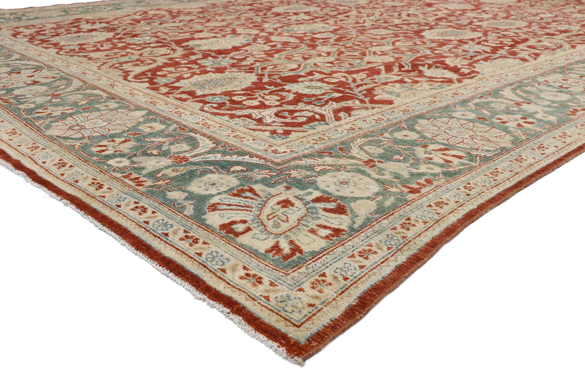 52680, distressed antique Persian Mahal design rug with English Manor Chintz style. With a traditional feel and Classic floral pattern, this hand knotted wool distressed antique Persian Mahal design rug beautifully embodies English Chintz style. The