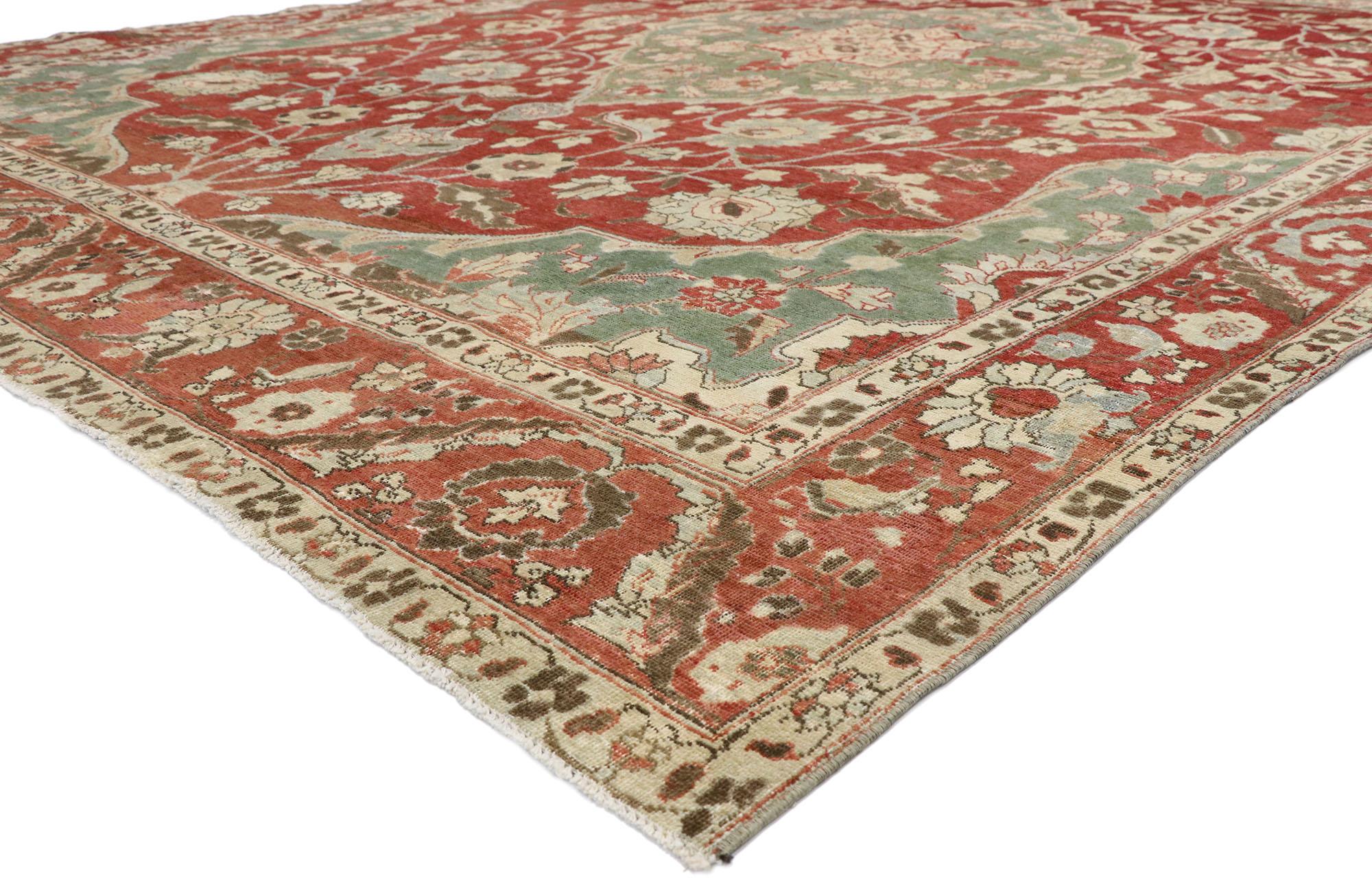 52679, Distressed Antique Persian Mahal Design Rug with English Manor Chintz Style. With a Classic floral pattern and traditional feel, this hand knotted wool distressed antique Persian Mahal design rug beautifully embodies English Chintz style.