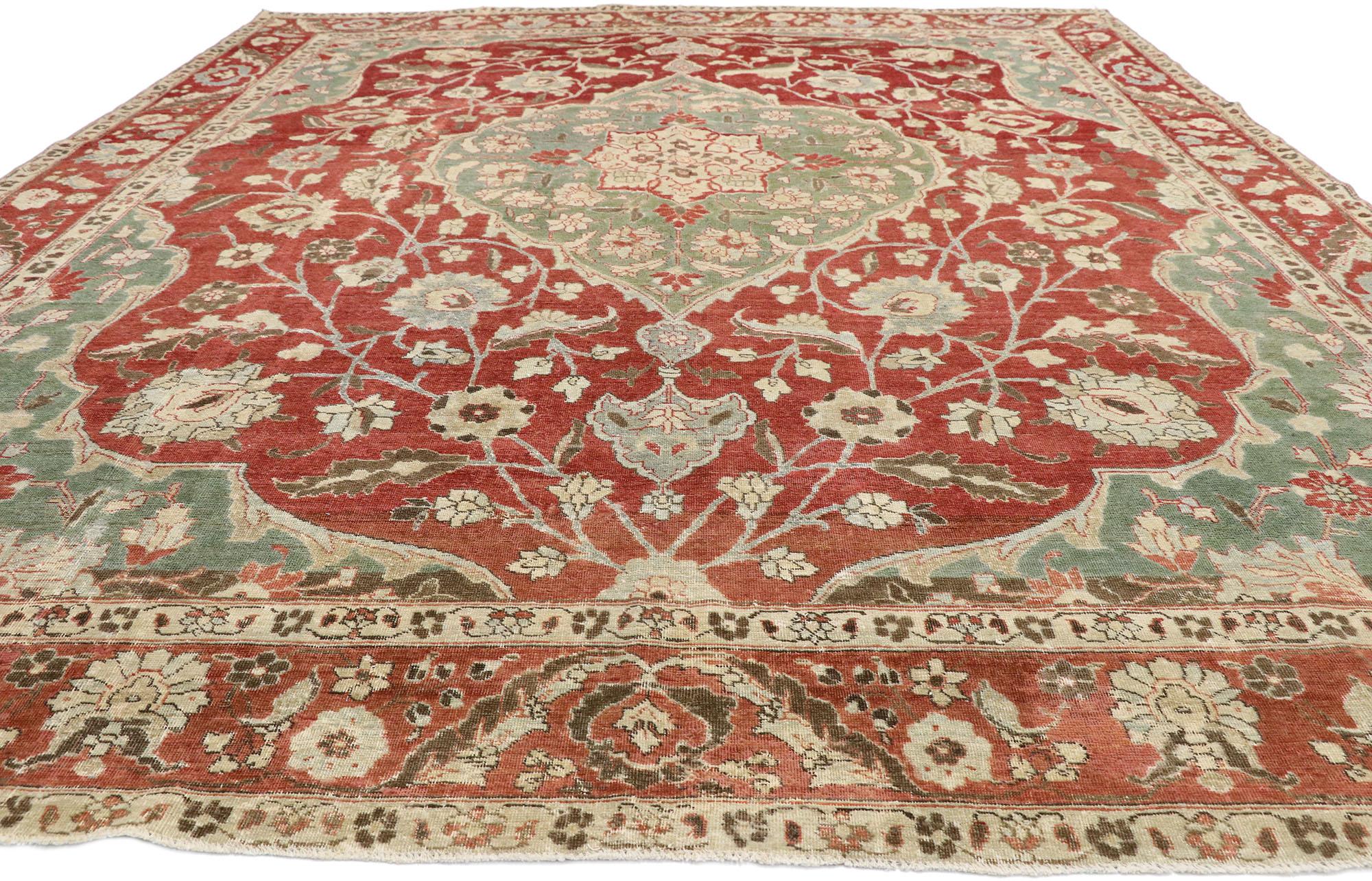 Tabriz Distressed Antique Persian Mahal Design Rug with English Manor Chintz Style For Sale