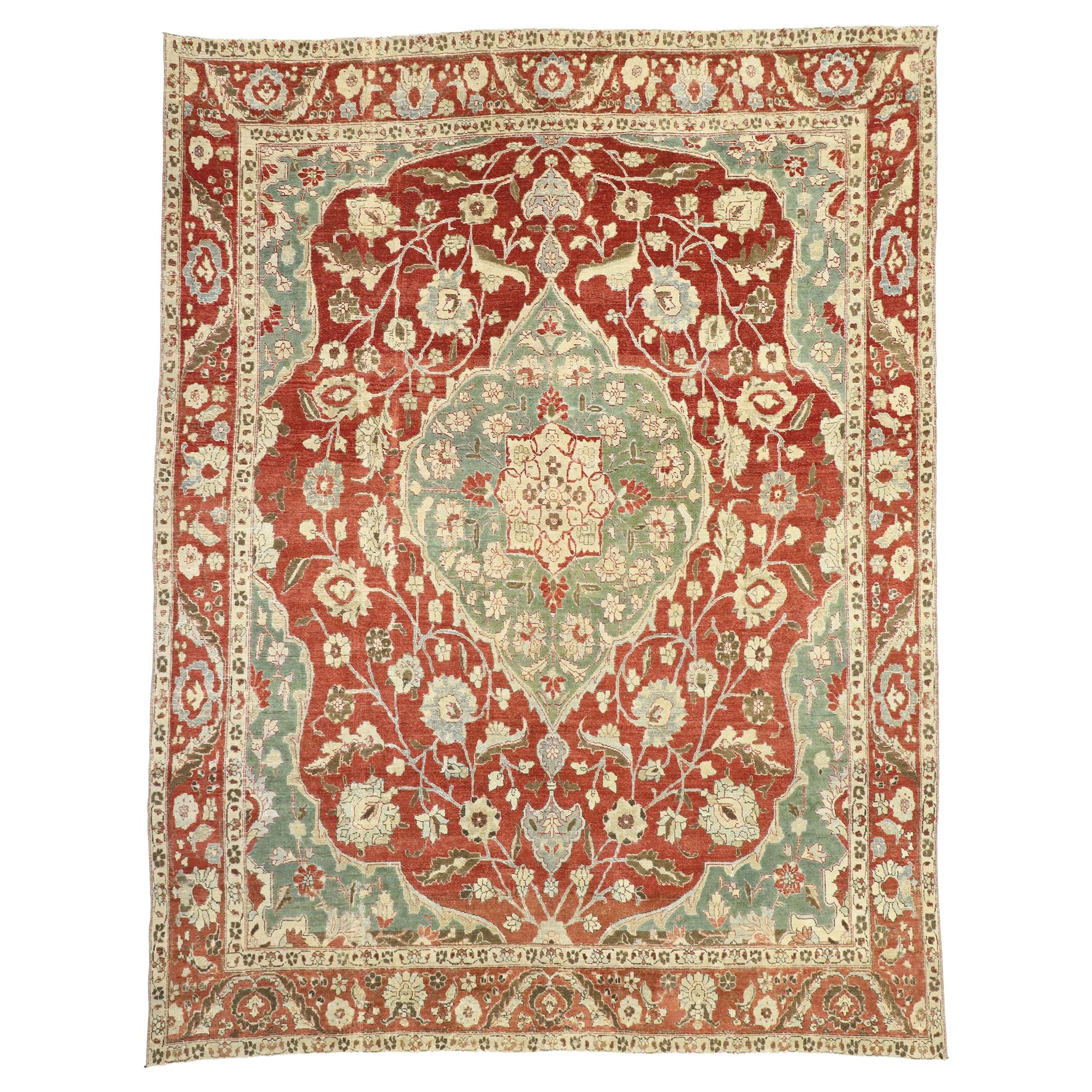 Distressed Antique Persian Mahal Design Rug with English Manor Chintz Style