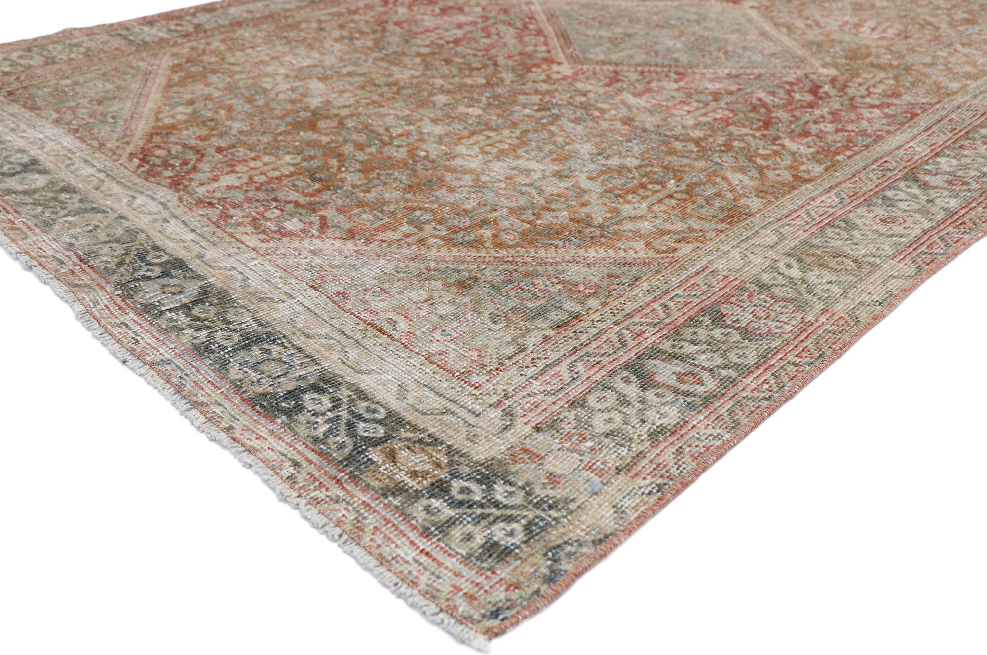 52565, distressed antique Persian Mahal Design rug with Modern rustic Belgian style. Highlighting modern design aesthetics and subdued elegance with a pop of color, this hand knotted wool distressed antique Persian Malayer design rug beautifully