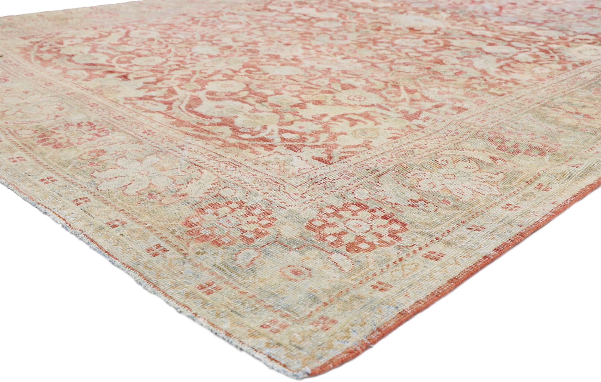 52616, distressed antique Persian Mahal design rug with Relaxed Federal style. Highlighting Persian design aesthetics and stylish levels of complexity, this hand knotted wool distressed antique Persian Mahal design rug beautifully embodies a relaxed