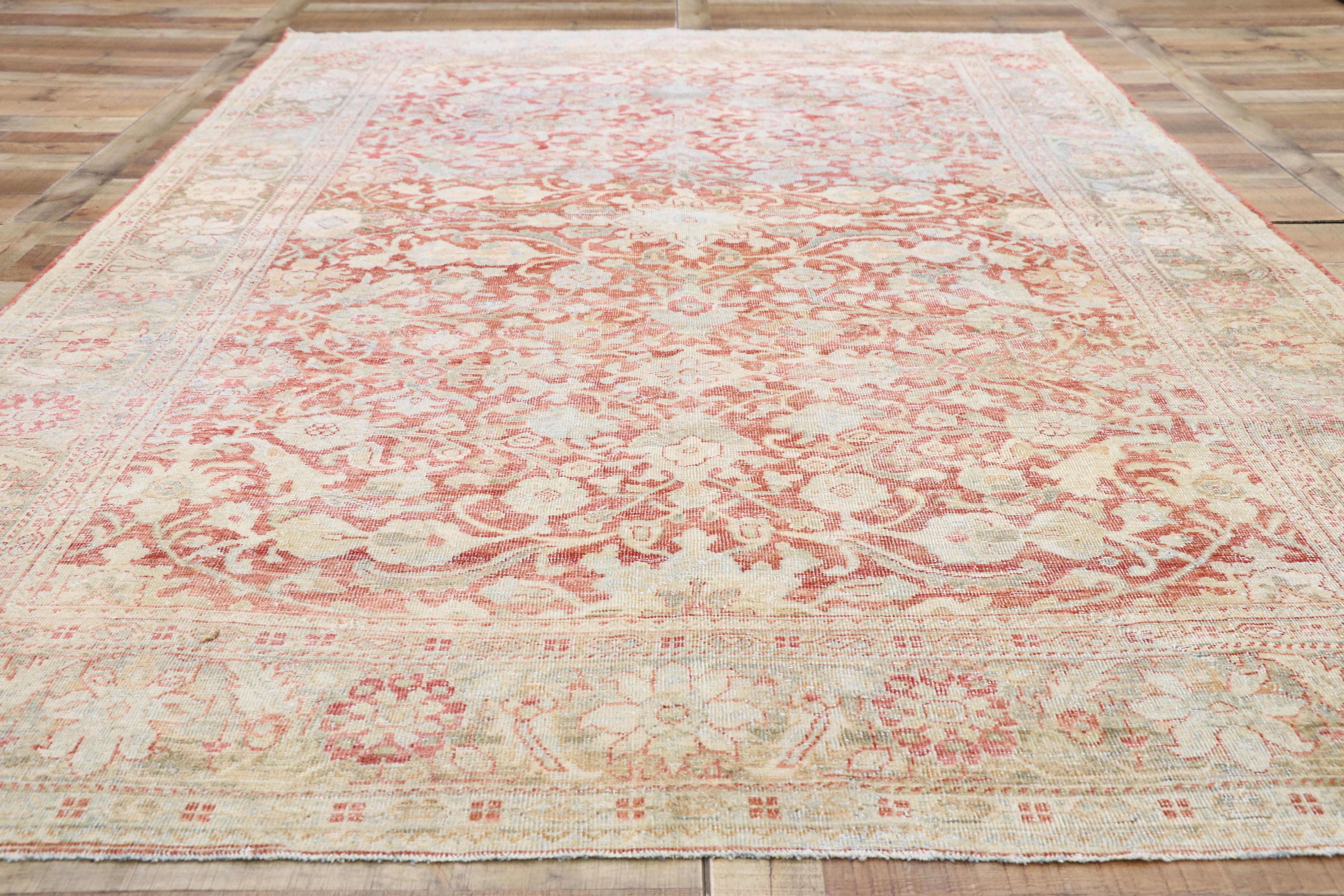 Wool Distressed Antique Persian Mahal Design Rug with Relaxed Federal Style For Sale