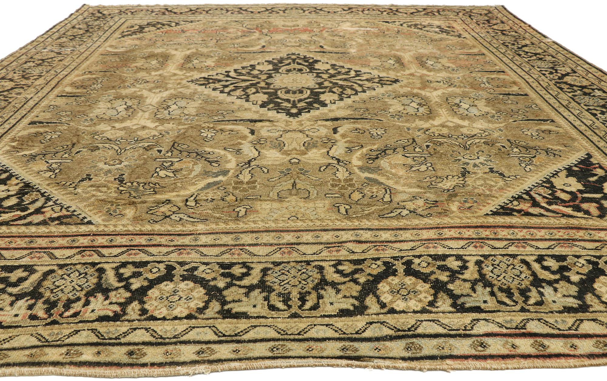 76729 Late 19th Century Distressed Antique Persian Mahal Rug with Modern Rustic English Style 10'04 x 12'04. With its perfectly worn-in charm and rustic sensibility, this hand-knotted wool distressed antique Persian Mahal rug will take on a curated