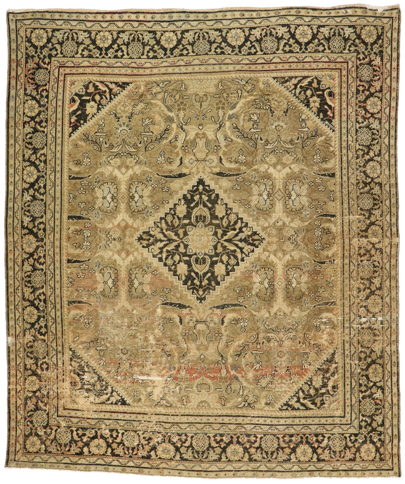 Distressed Antique Persian Mahal Rug, 10'04 x 12'04 For Sale