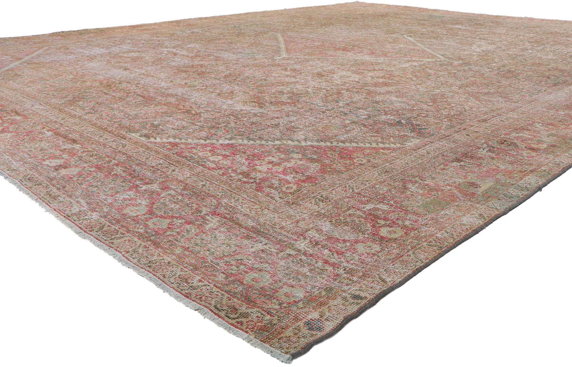61115 distressed antique Persian Mahal rug, 09'09 x 11'11. With its rugged beauty and rustic sensibility, this hand knotted wool antique Persian Mahal rug creates an inimitable warmth and calming ambiance. The barely-there Herati design and earthy