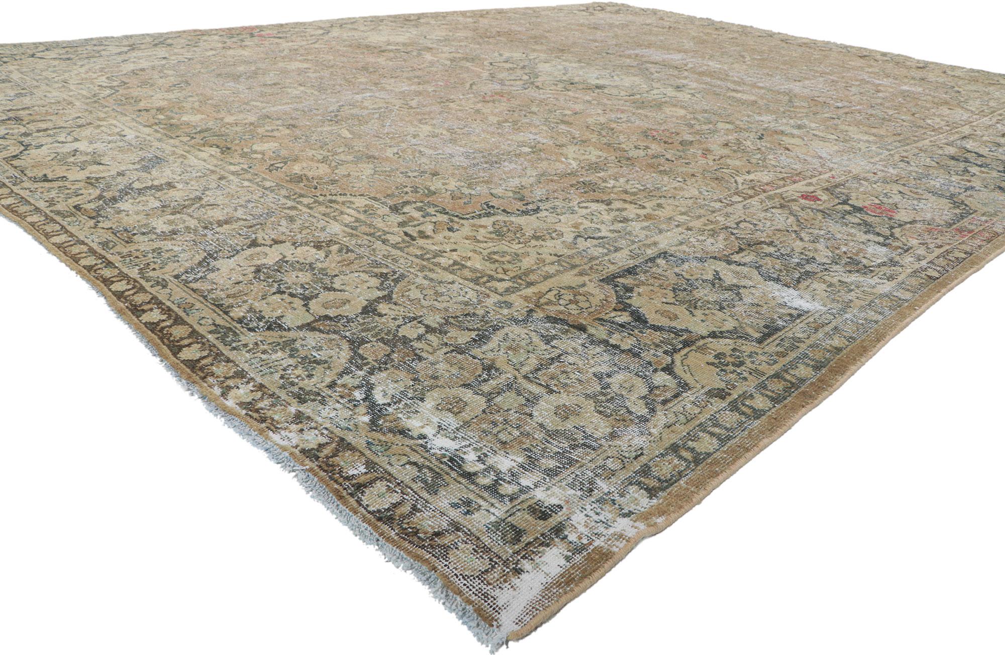 60993 antique Persian mahal rug, 10'04 x 13'08.
Emanating rustic sensibility and rugged beauty, this hand knotted wool antique Persian Mahal rug creates an inimitable warmth and calming ambiance. The timeless style and earthy colorway woven into
