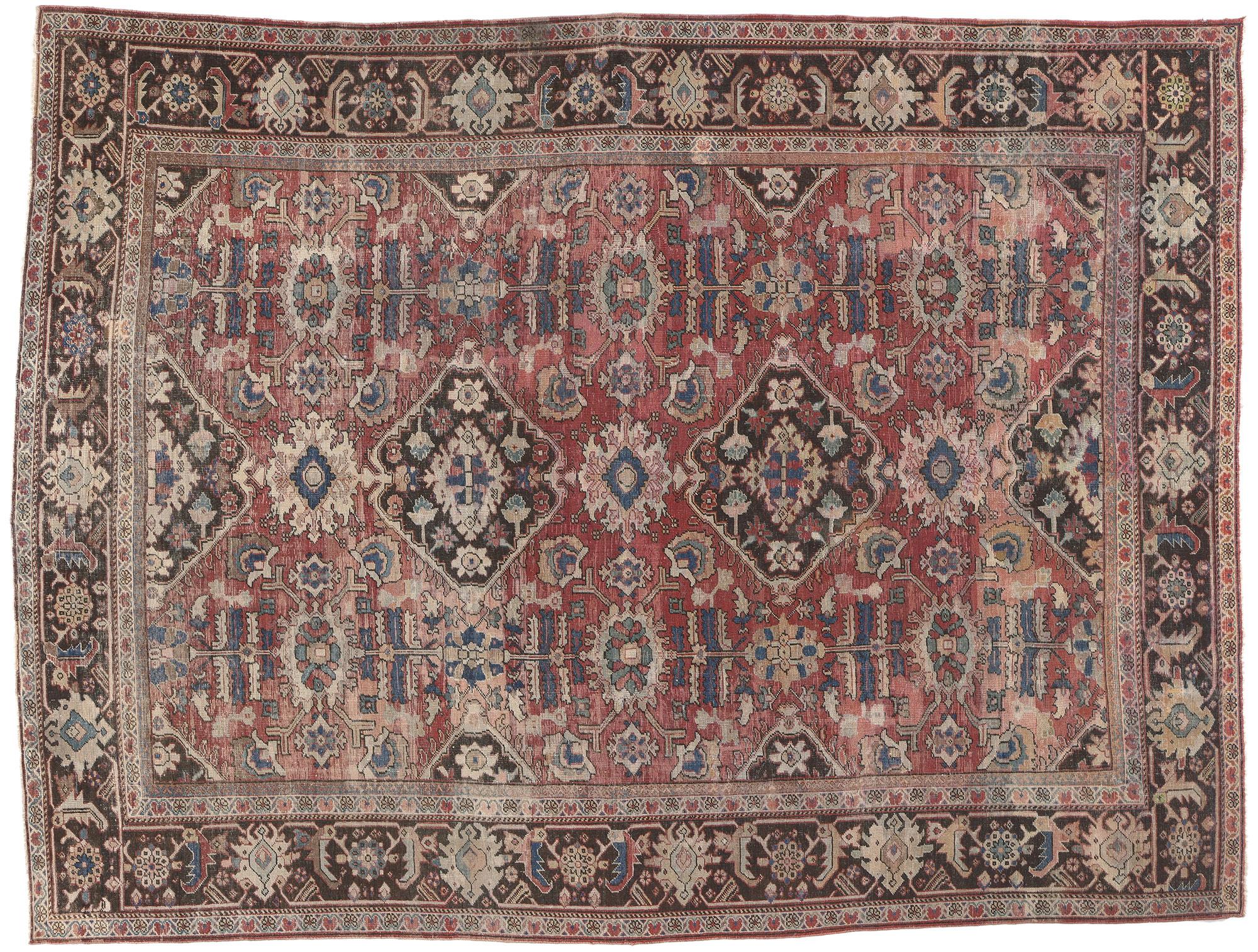 Distressed Antique Persian Mahal Rug, Laid-Back Luxury Meets Rustic Sensibility For Sale 3
