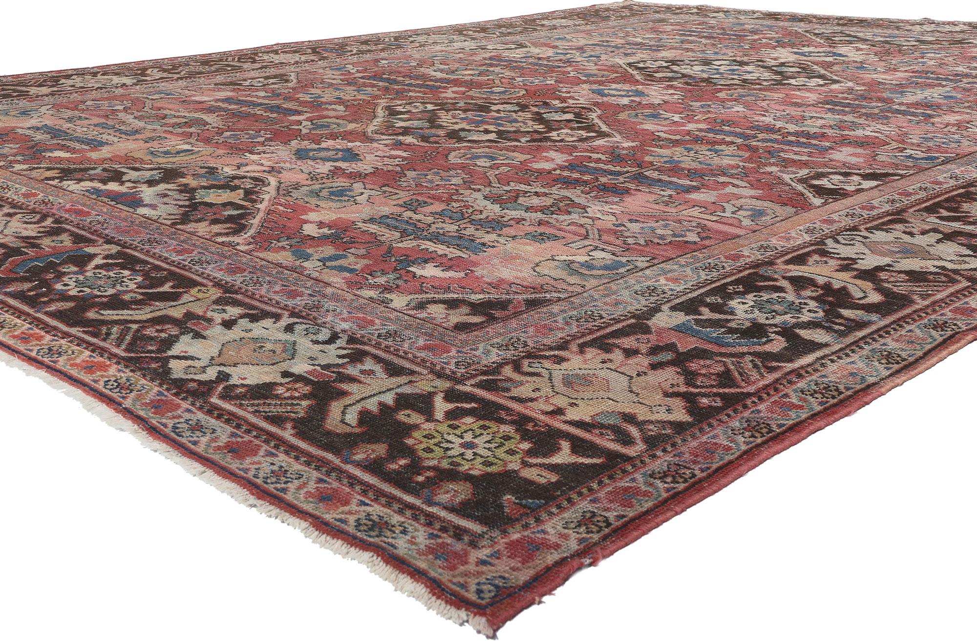 78710 Distressed Antique-Worn Persian Mahal Rug, 10'06 x 14'00. Antique-washed antique Persian Mahal rugs, originating from Iran's Mahallat region, undergo a special process. This process involves washing the rug with natural agents to soften colors