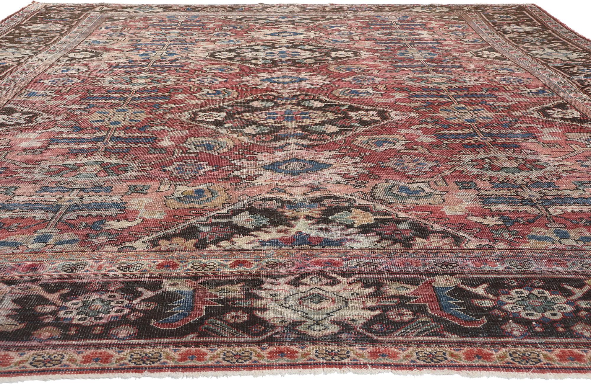 Tabriz Distressed Antique Persian Mahal Rug, Laid-Back Luxury Meets Rustic Sensibility For Sale
