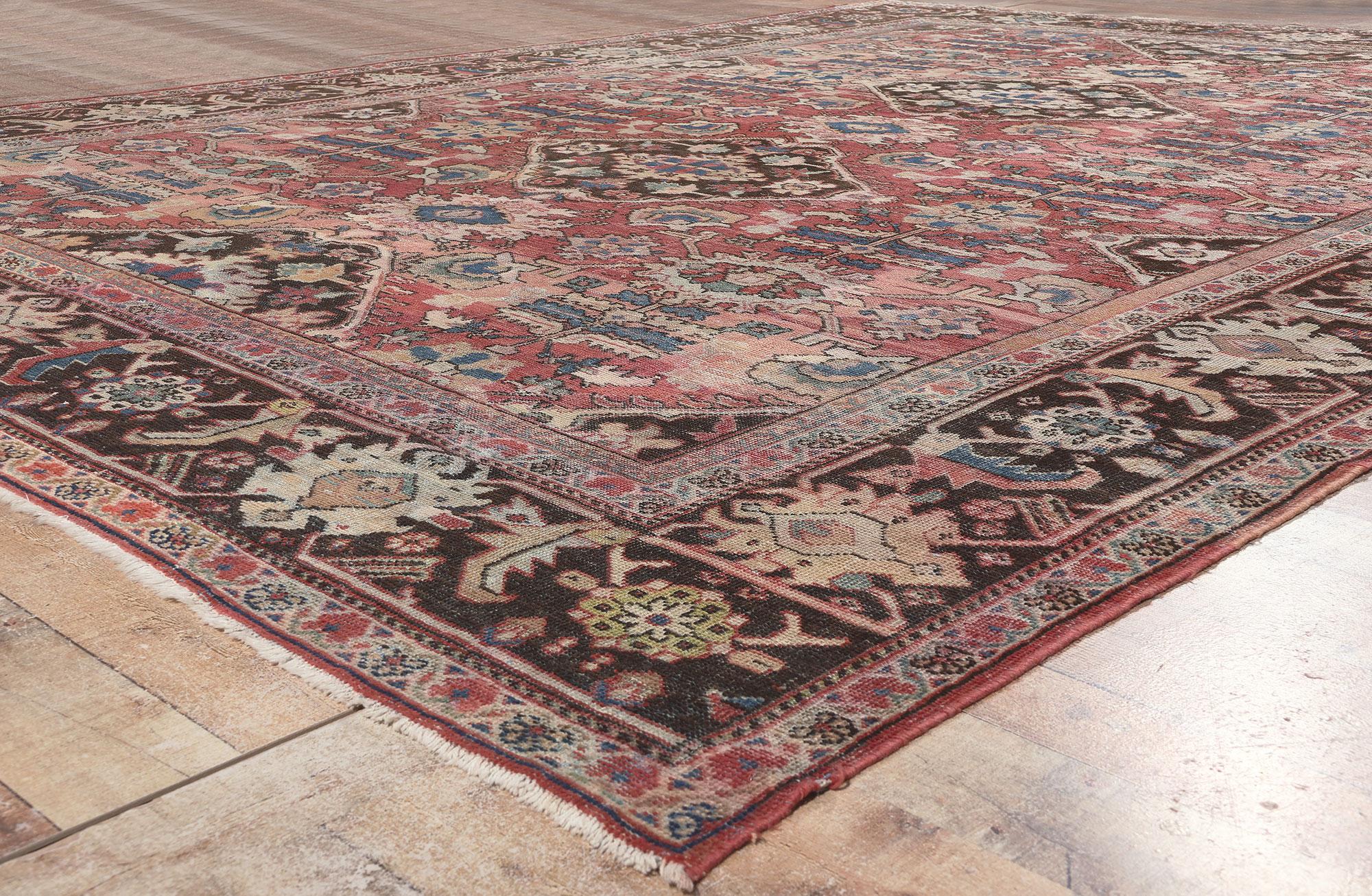Wool Distressed Antique Persian Mahal Rug, Laid-Back Luxury Meets Rustic Sensibility For Sale