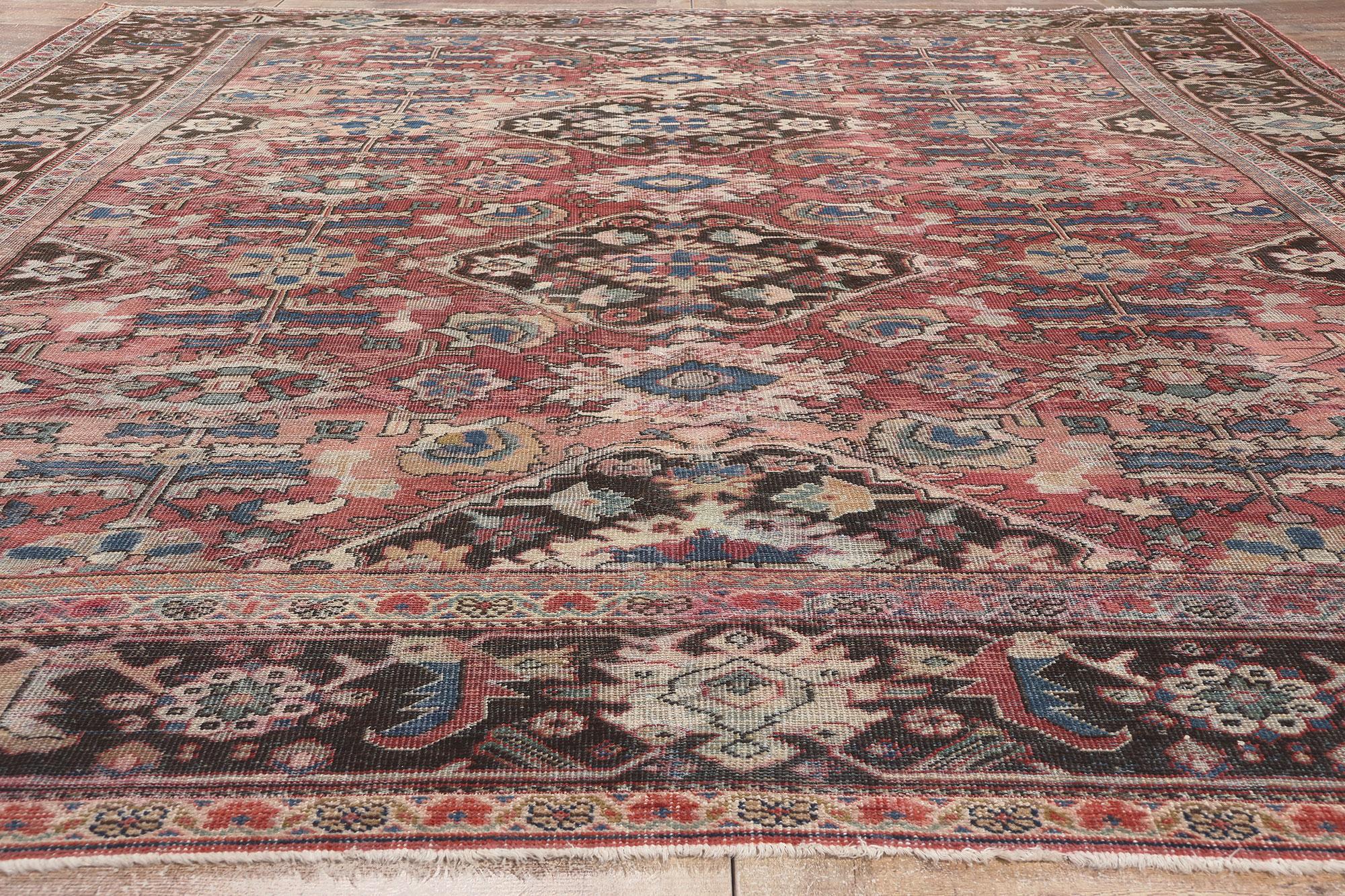 Distressed Antique Persian Mahal Rug, Laid-Back Luxury Meets Rustic Sensibility For Sale 1