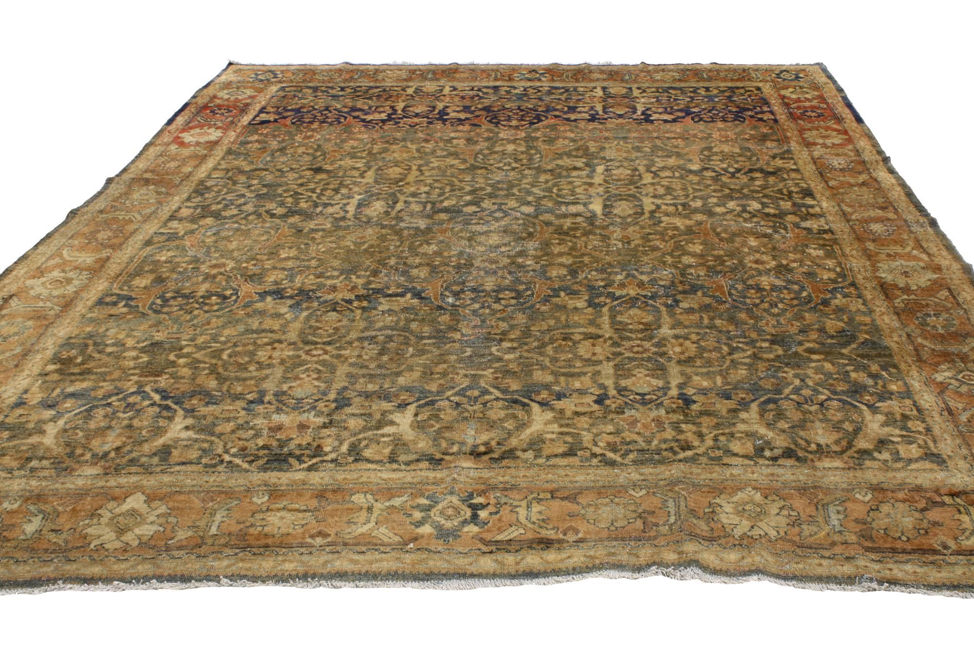 76861 Distressed Antique Persian Mahal Rug with Rustic English Traditional Style 08'10 x 11'03. With its perfectly worn-in charm and rustic sensibility, this hand-knotted wool distressed antique Persian Mahal rug will take on a curated lived-in look