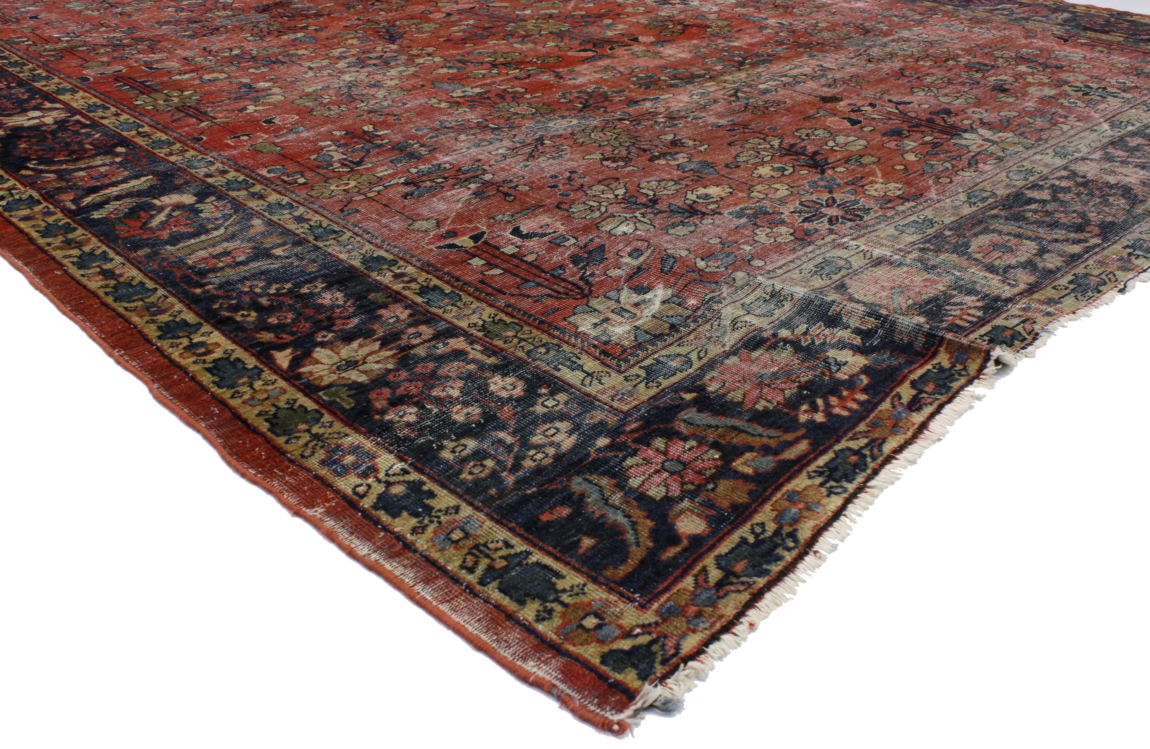 76704, distressed antique Persian Mahal rug with Modern Rustic English Style and Industrial Vibes. With its perfectly worn-in charm and rustic sensibility, this hand-knotted wool distressed antique Persian Mahal rug will take on a curated lived-in