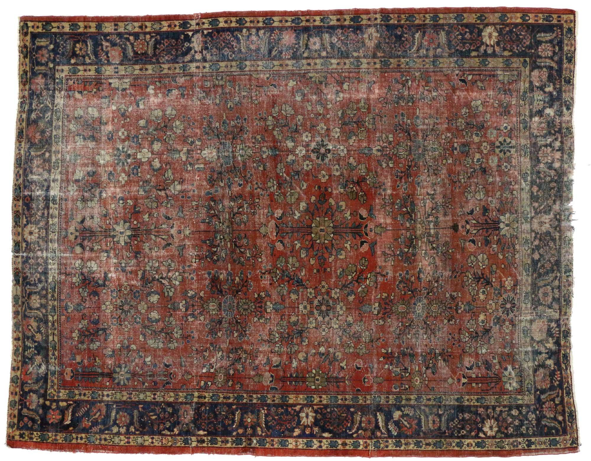 Distressed Antique Persian Mahal Rug with Modern Industrial Style In Distressed Condition For Sale In Dallas, TX