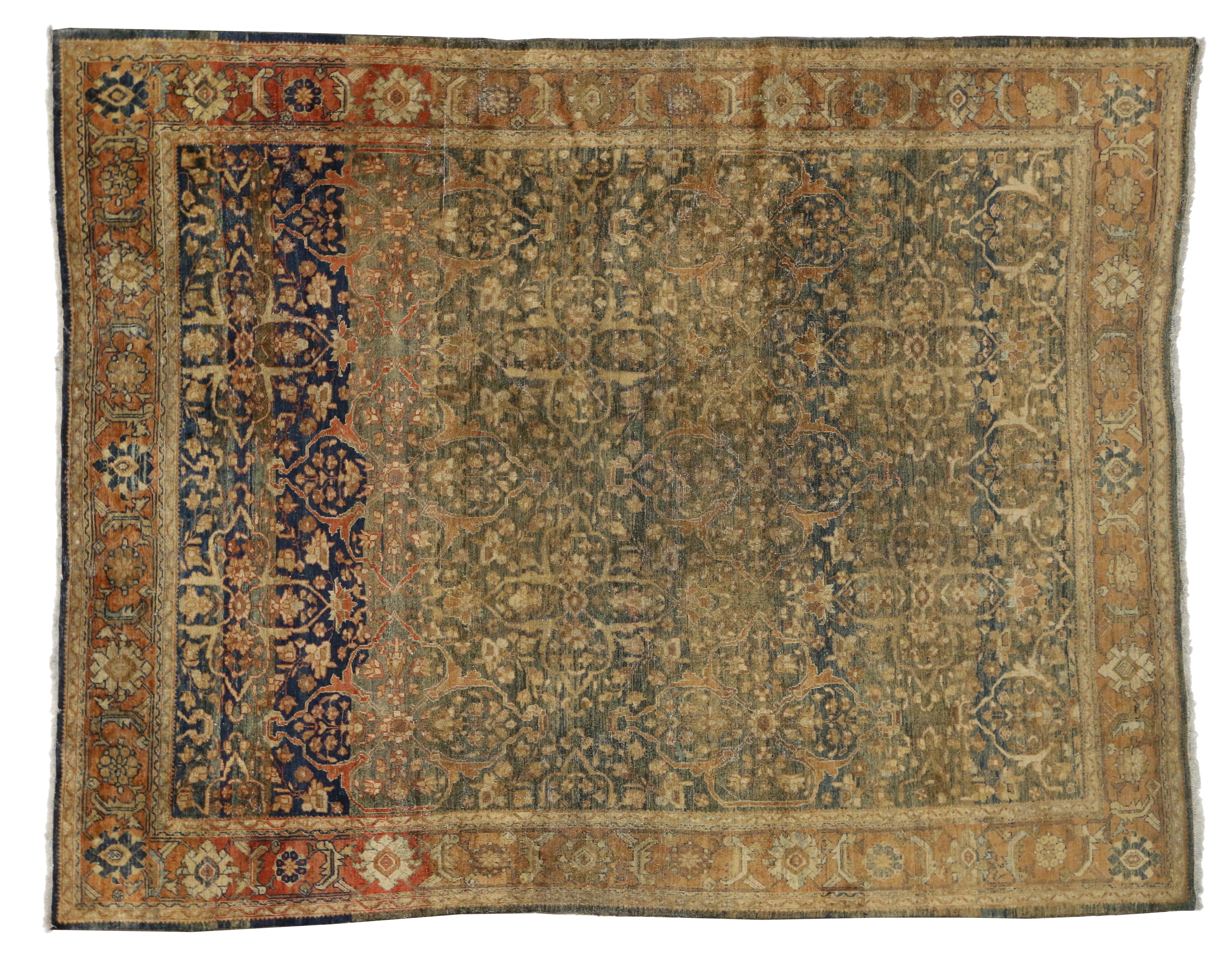 Hand-Knotted Distressed Antique Persian Mahal Rug with Rustic English Traditional Style