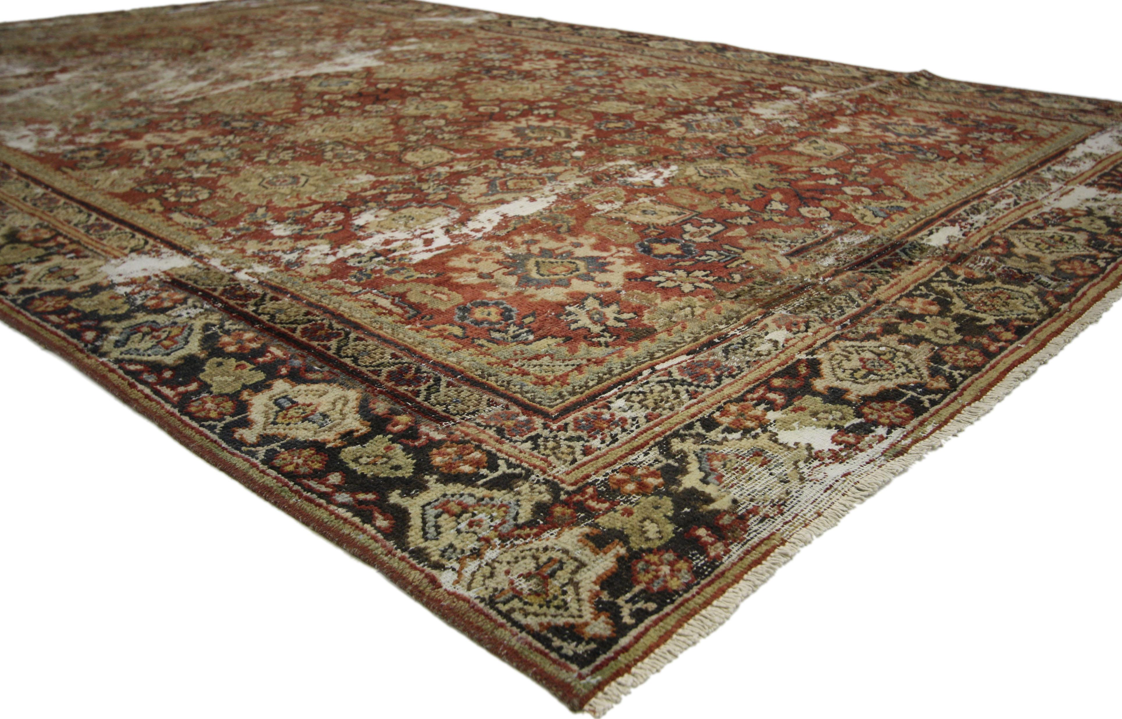 60682 Distressed Antique Persian Mahal Rug with Traditional English Rustic Style 06’04 x 09’07. With its perfectly worn-in charm and rustic sensibility, this hand-knotted wool distressed antique Persian Mahal rug will take on a curated lived-in look