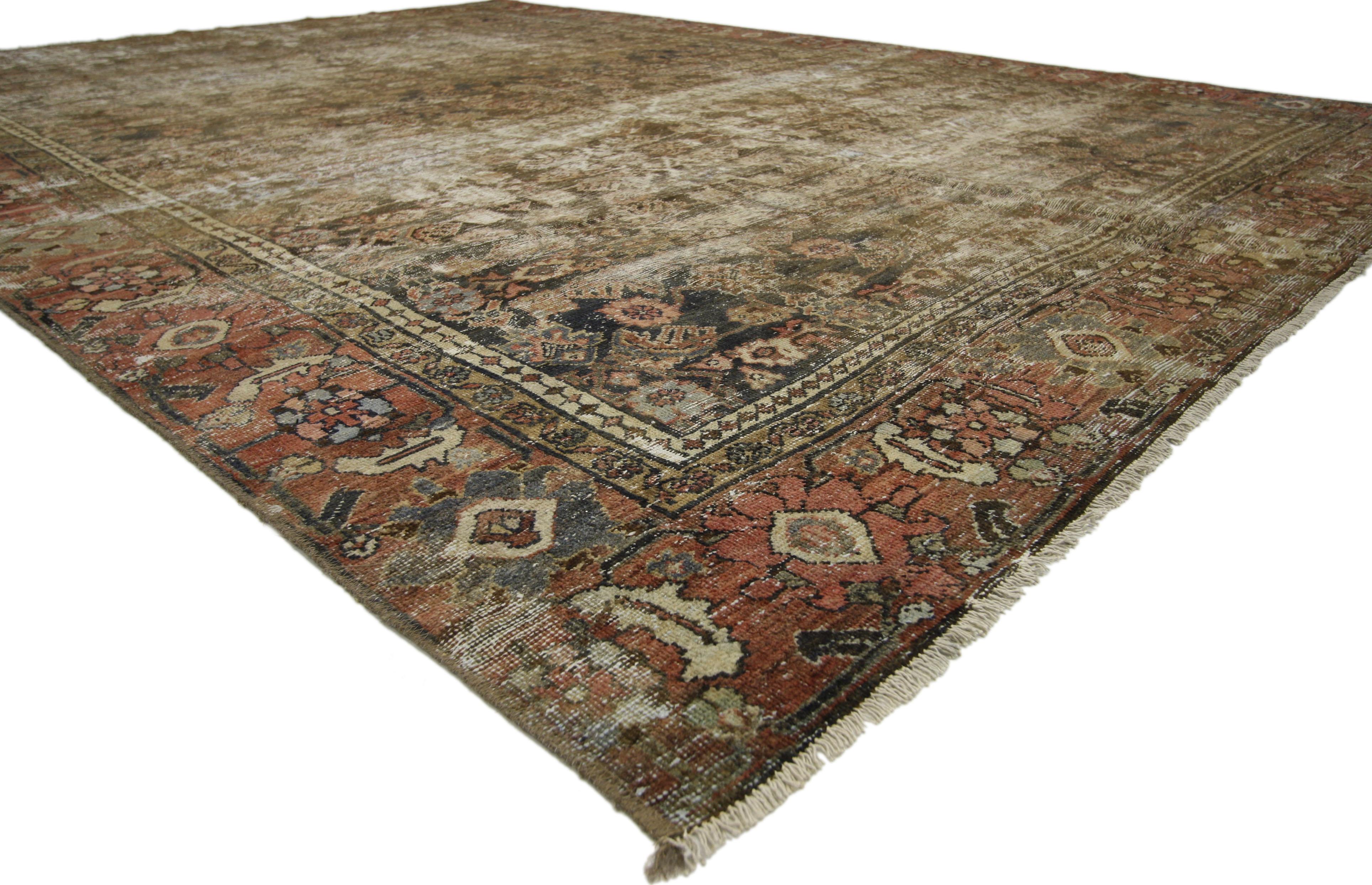 Distressed Antique Persian Mahal Rug with Modern Industrial Style In Distressed Condition In Dallas, TX