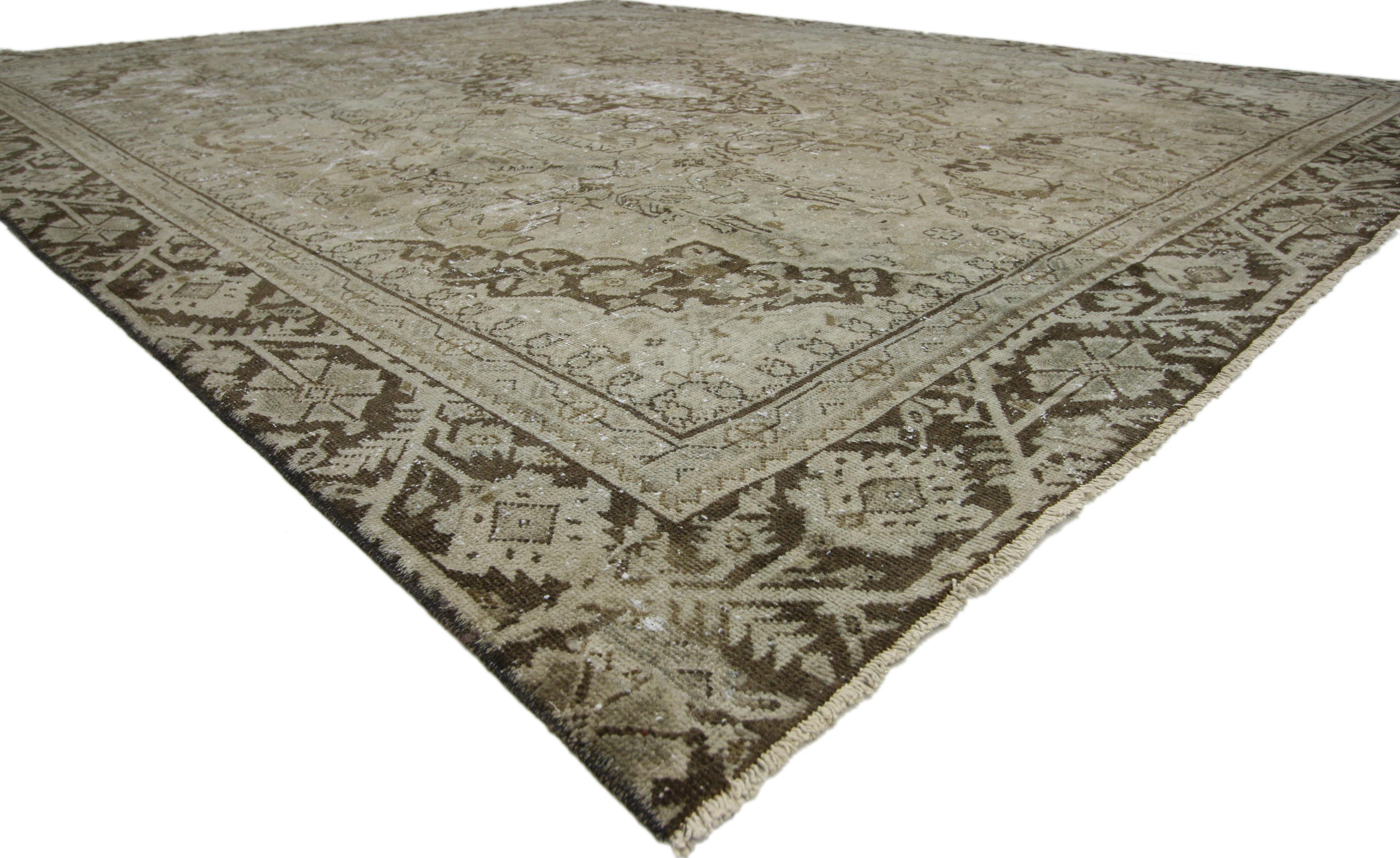 60666 Distressed Antique Persian Mahal Rug with Traditional English Rustic Style 10'00 x 12'03. With its perfectly worn-in charm and rustic sensibility, this hand-knotted wool distressed antique Persian Mahal rug will take on a curated lived-in look