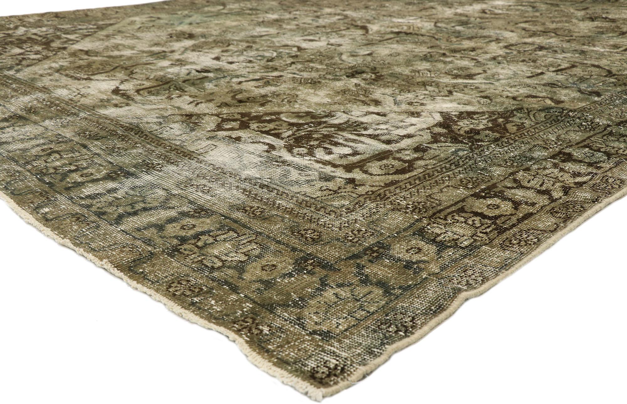 76823 Distressed Antique Persian Mahal Rug with Modern Rustic Style 09'00 x 12'02. With its perfectly worn-in charm and rustic sensibility, this hand-knotted wool distressed antique Persian Mahal rug will take on a curated lived-in look that feels