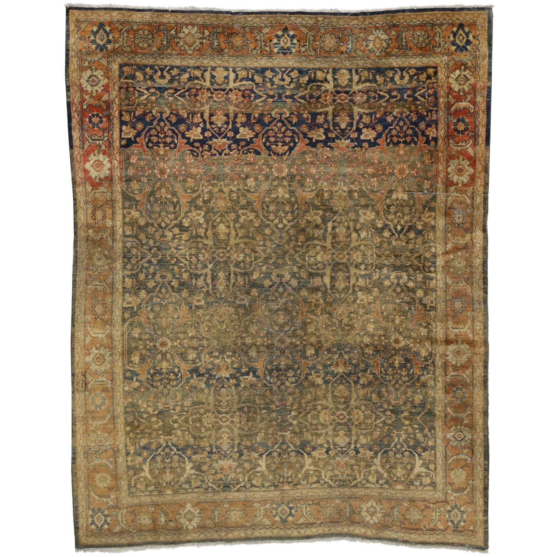 Distressed Antique Persian Mahal Rug with Rustic English Traditional Style
