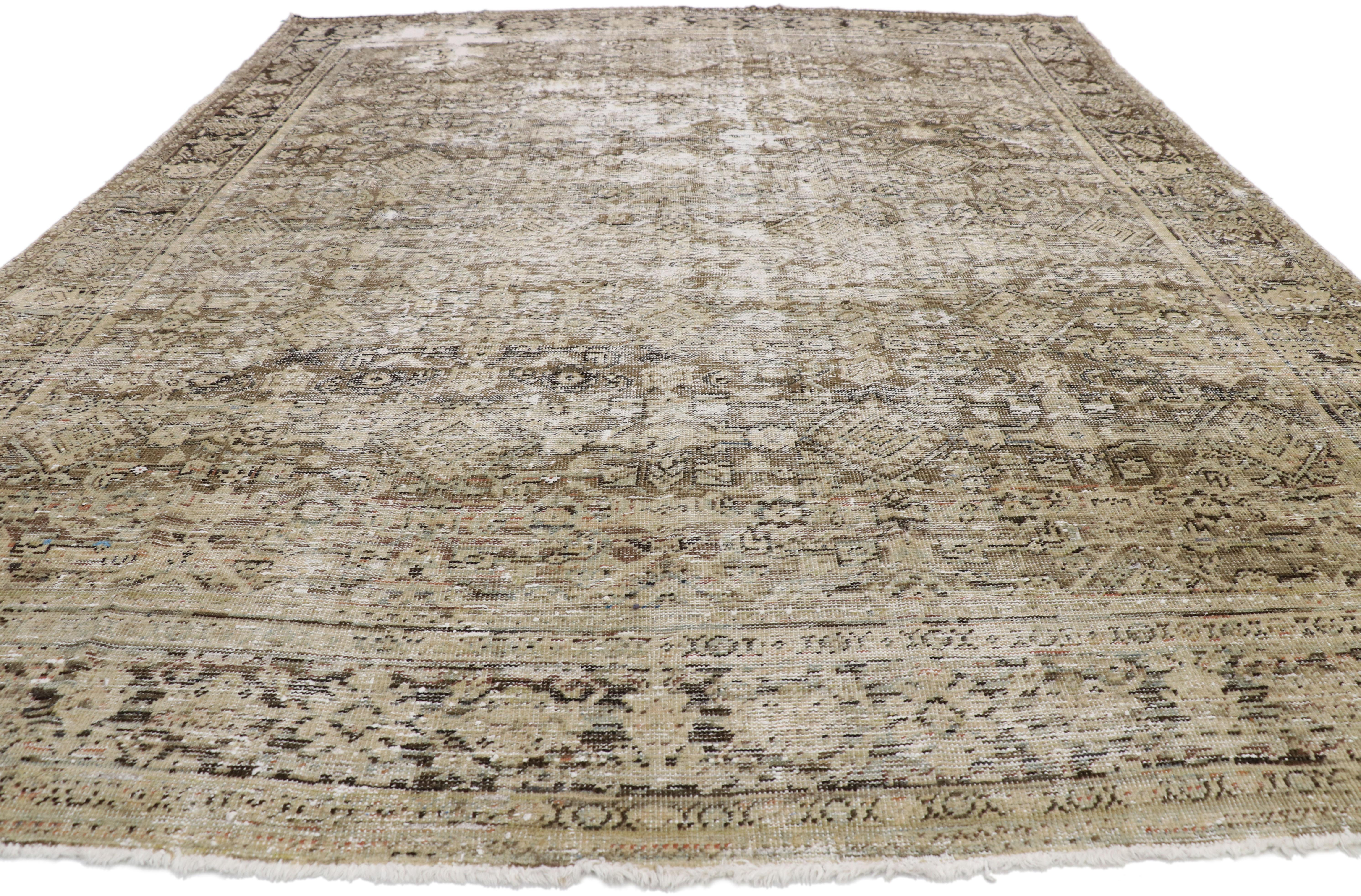 Malayer Distressed Antique Persian Mahal Rug with Modern Rustic English Manor Style For Sale