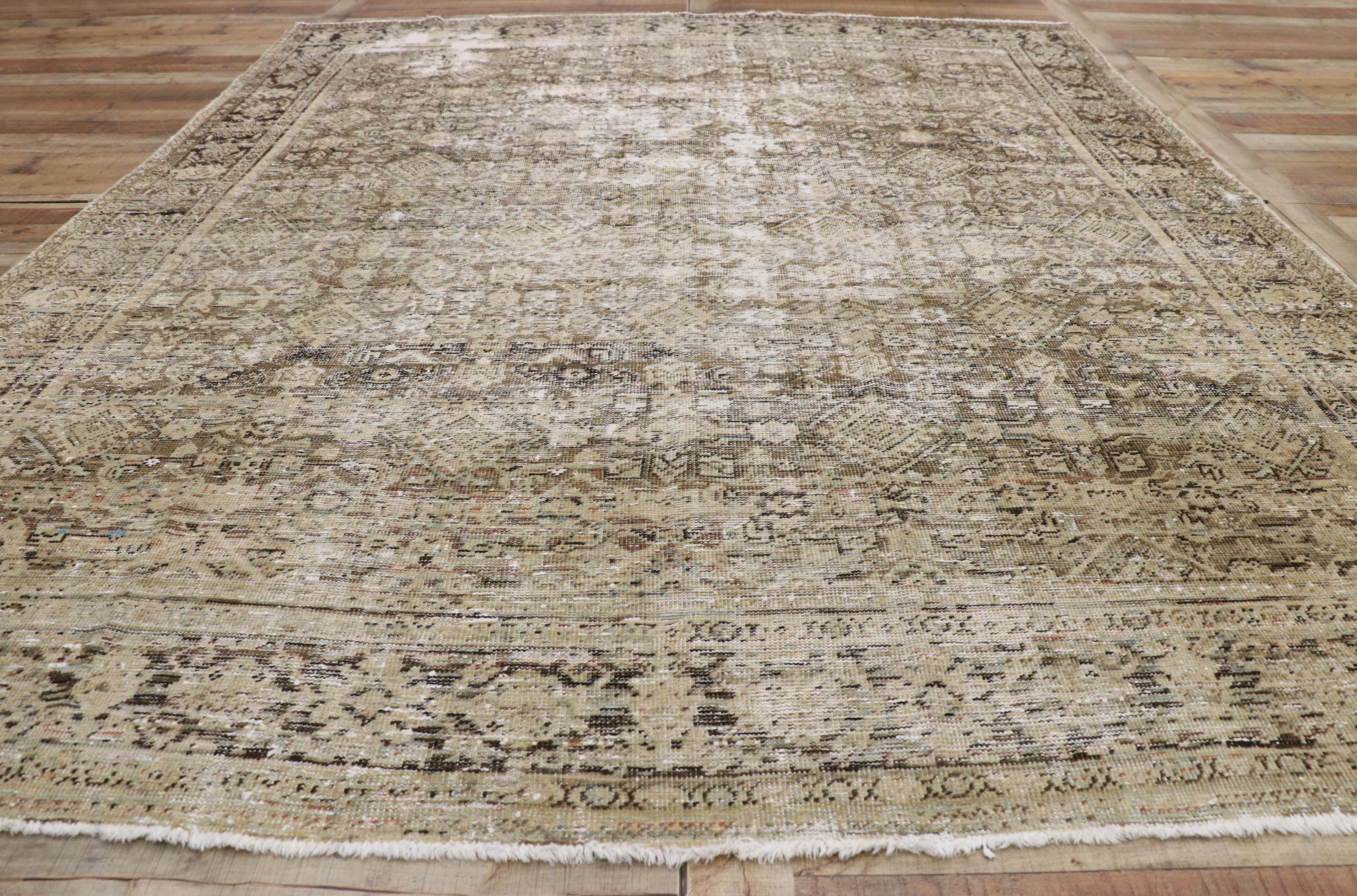 Distressed Antique Persian Mahal Rug with Modern Rustic English Manor Style For Sale 1