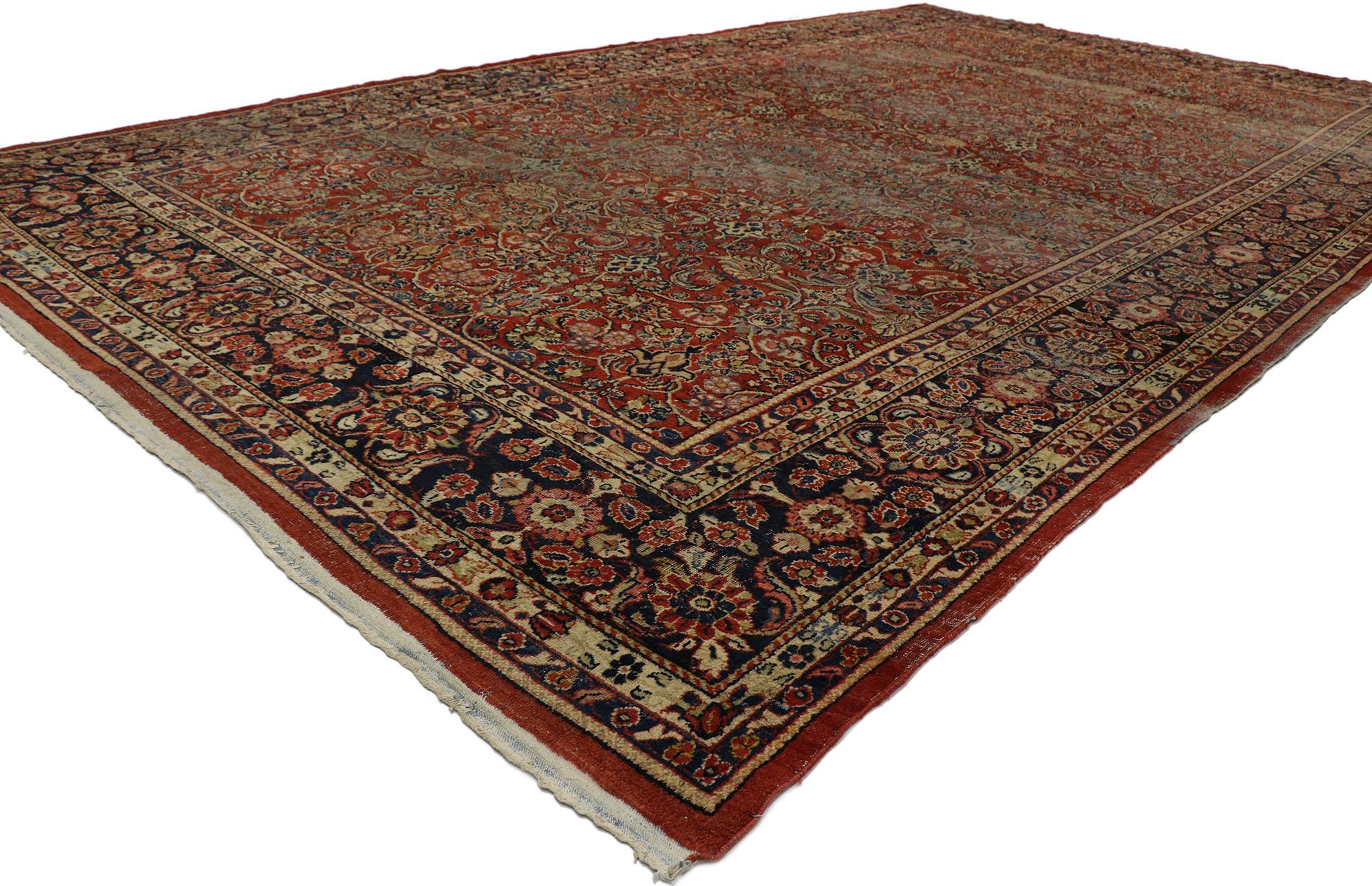 77563, distressed antique Persian Mahal rug with modern Rustic English style. With its perfectly worn-in charm and rustic sensibility, this hand knotted wool distressed antique Persian Mahal rug will take on a curated lived-in look that feels