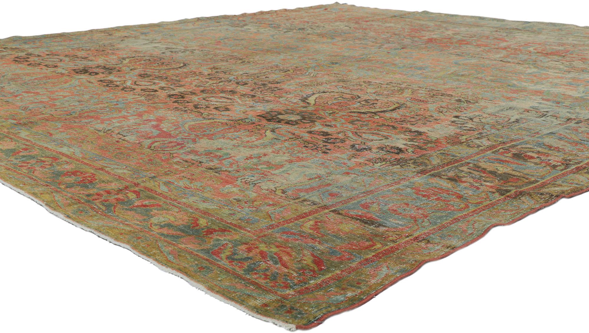 53694 Distressed antique Persian Mahal rug 09'09 x 11'00. Effortless beauty combined with rustic sensibility, this hand-knotted wool distressed antique Persian Mahal rug is poised to impress with its modern rustic English style. The distressed red