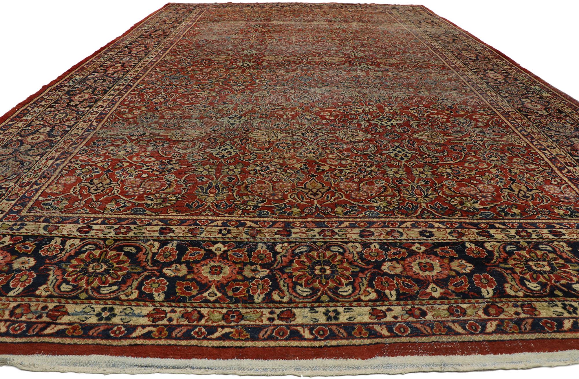 Distressed Antique Persian Mahal Rug with Modern Rustic English Style In Distressed Condition For Sale In Dallas, TX